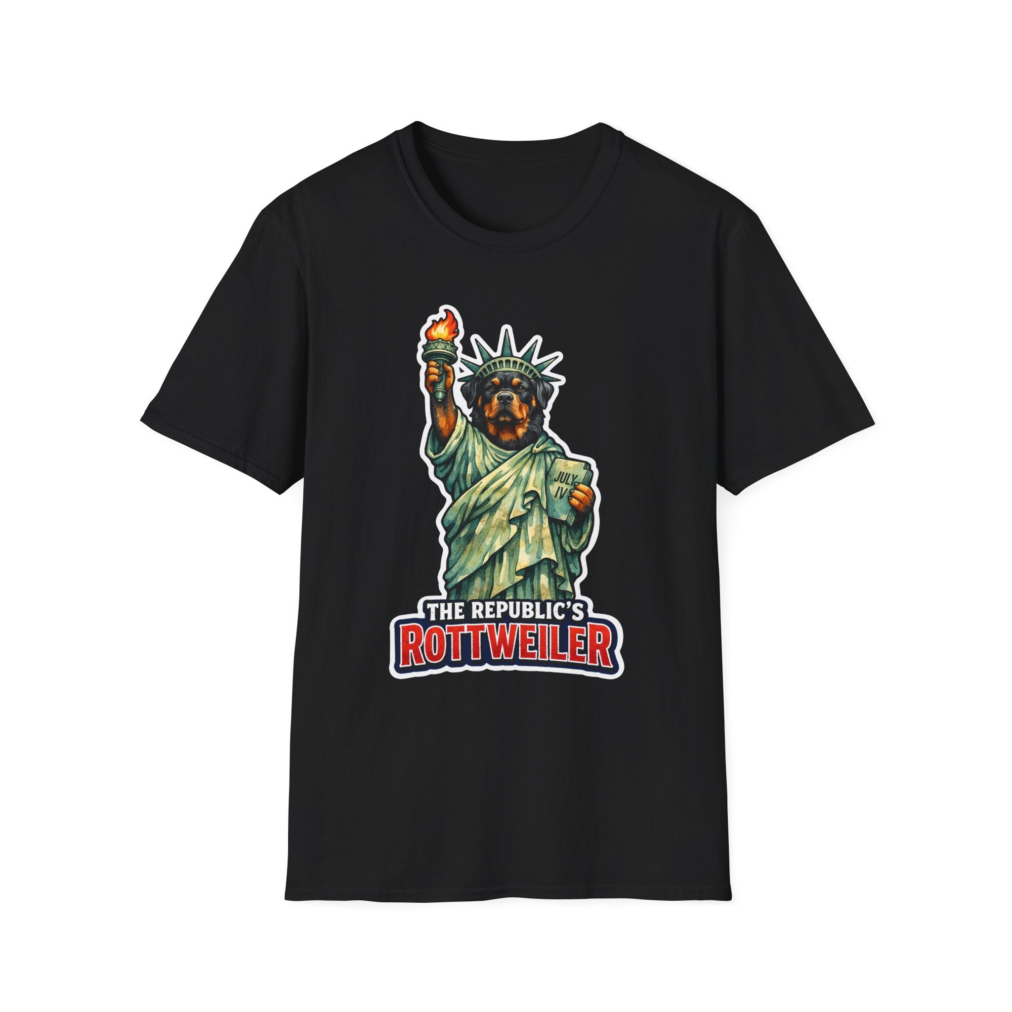 The Republic's Rottweiler Funny Rottweiler Statue of Liberty T-Shirt | Lady Liberty Pups Collection by PetPulse