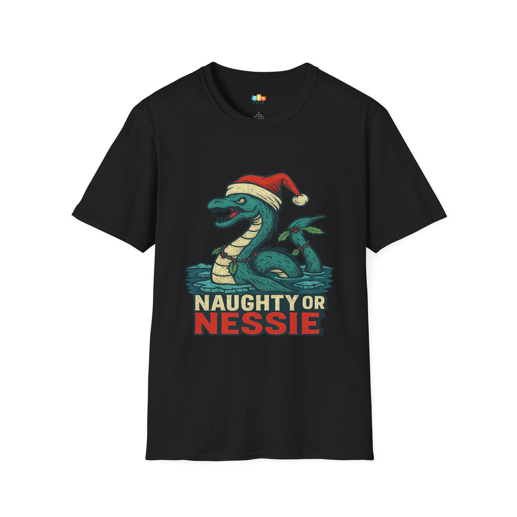 Naughty Or Nessie Christmas T-Shirt - Funny Holiday Loch Ness Monster Santa Hat Cryptid Xmas Tee