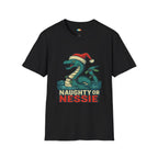Naughty Or Nessie Christmas T-Shirt - Funny Holiday Loch Ness Monster Santa Hat Cryptid Xmas Tee