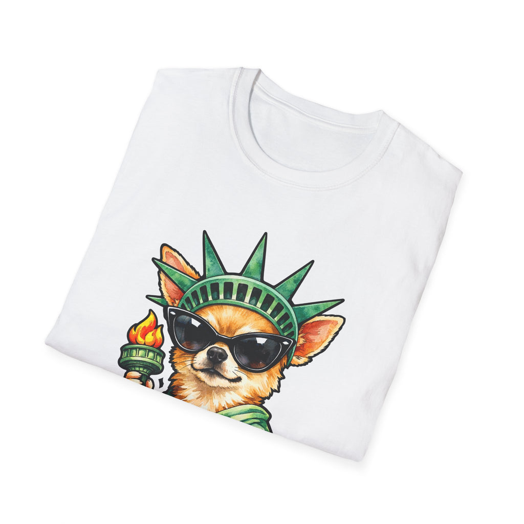 Liberty With Attitude Funny Chihuahua Sunglasses Statue of Liberty T-Shirt | Lady Liberty Pups Collection by PetPulse