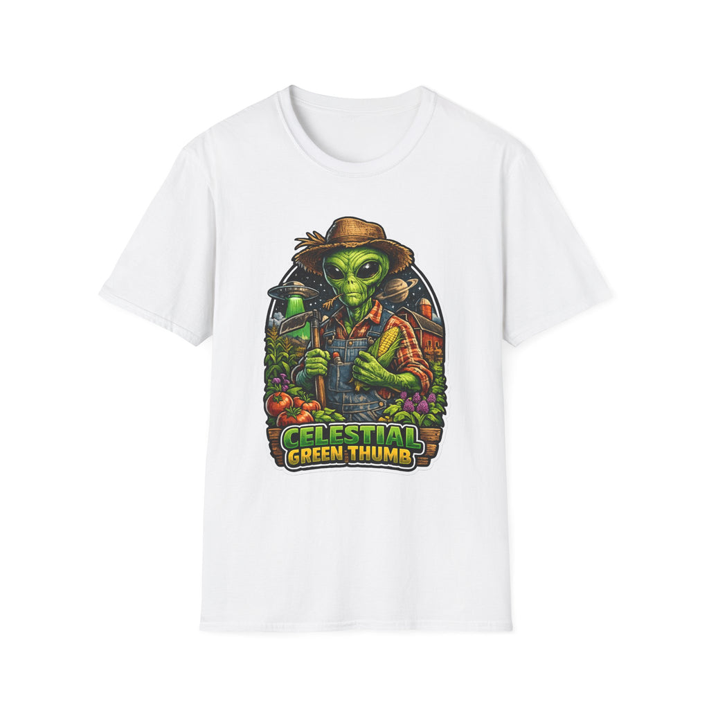 Celestial Green Thumb Funny Alien Farmer T-Shirt | Cosmic Encounters Collection by PetPulse