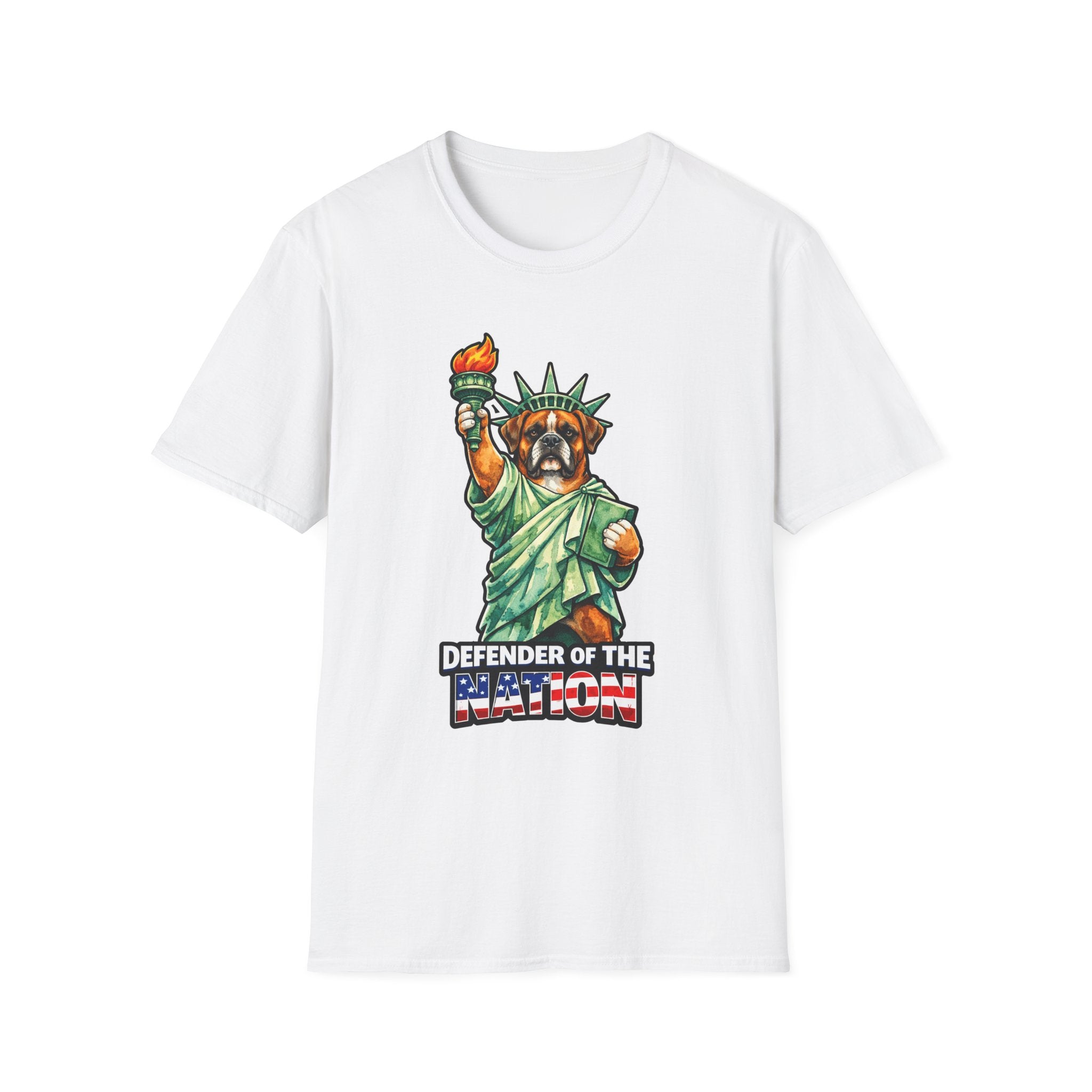 Defender of the Nation Funny Boxer Statue of Liberty T-Shirt | Lady Liberty Pups Collection by PetPulse
