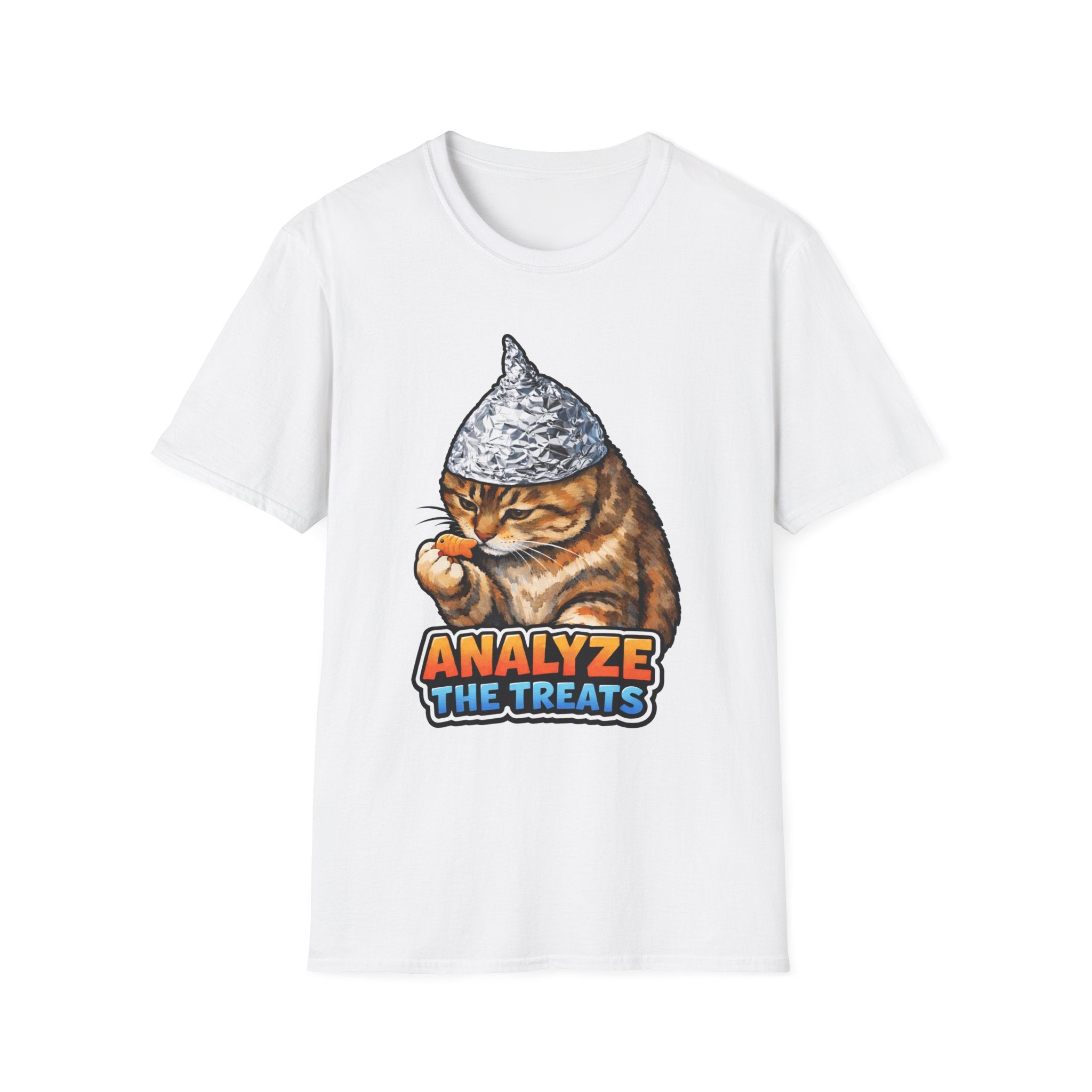 Analyze the Treats Funny Conspiracy Cat Inspecting Treats T-Shirt | Cat-Spiracy Theorist Series | Pet-Spiracy Theorist Collection by PetPulse