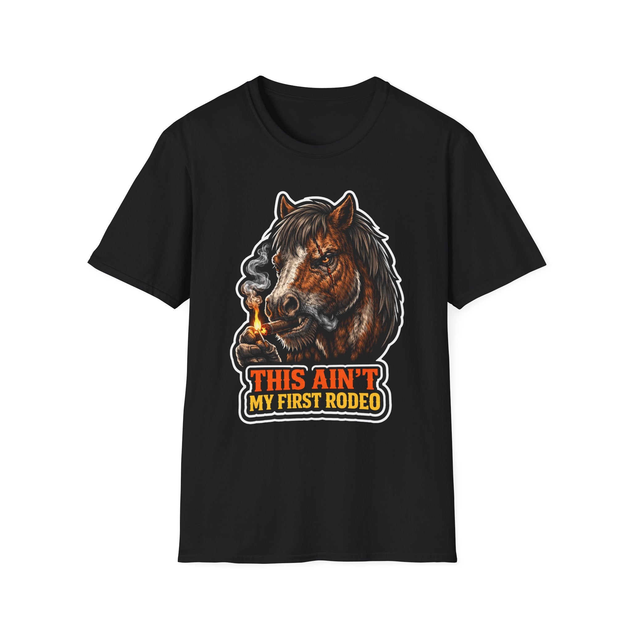 This Ain't My First Rodeo Action Hero Horse T-Shirt | Battle-Scarred Cigar Smoking Horse Graphic Tee | Mane Event Collection by PetPulse