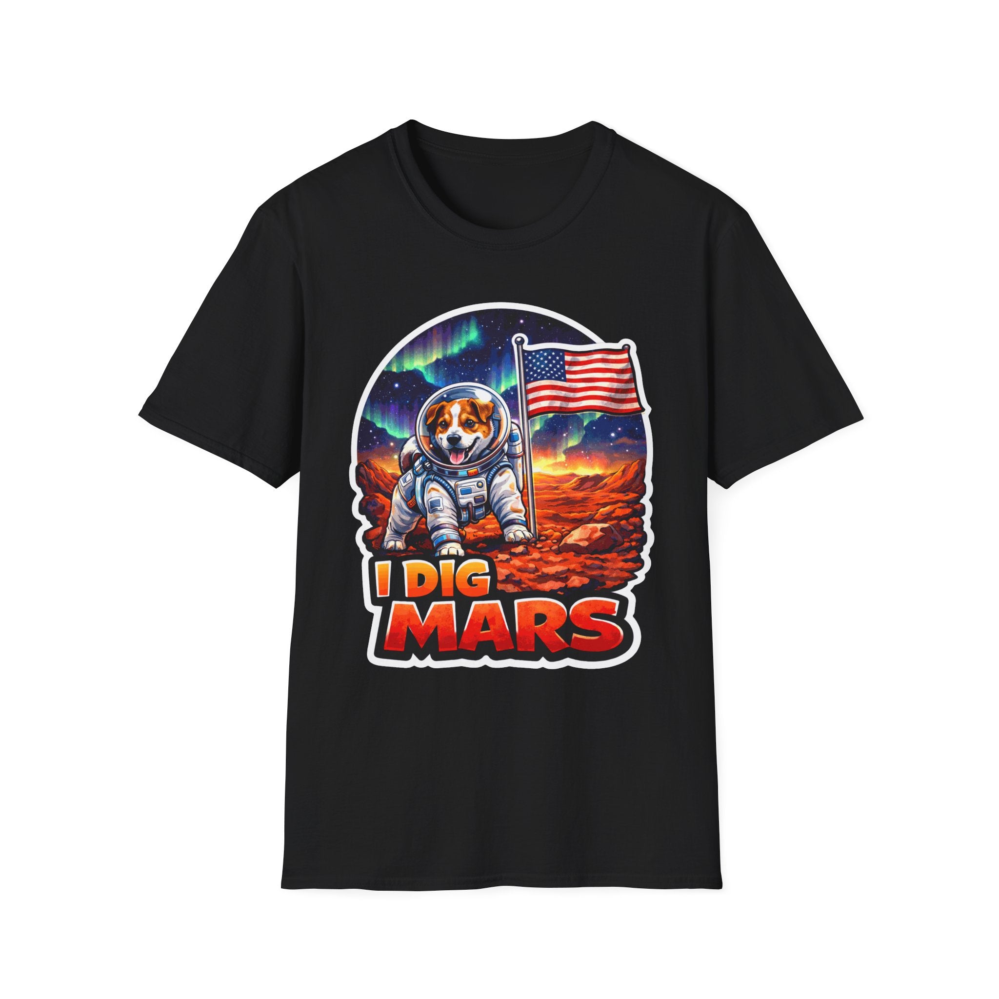 I Dig Mars Funny Dog Astronaut with American Flag T-Shirt | Cosmic Encounters Collection by PetPulse
