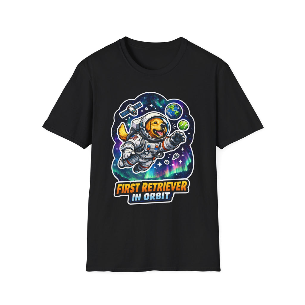 First Retriever in Orbit Funny Astronaut Golden Retriever T-Shirt | Cosmic Encounters Collection by PetPulse