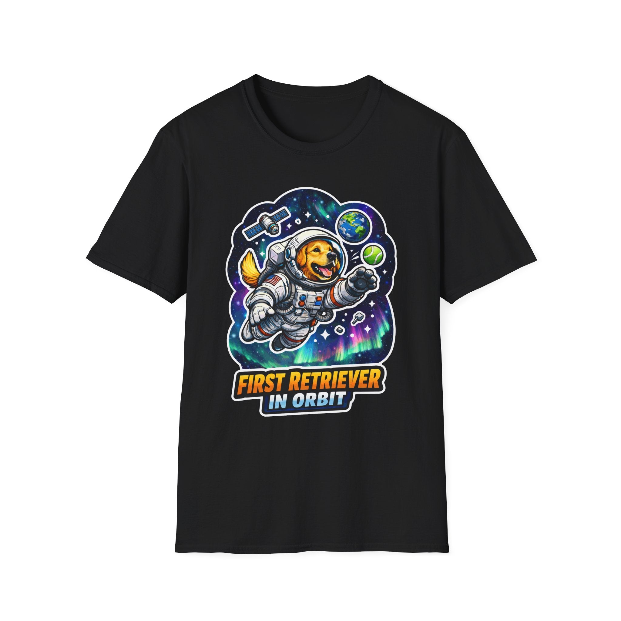 First Retriever in Orbit Funny Astronaut Golden Retriever T-Shirt | Cosmic Encounters Collection by PetPulse