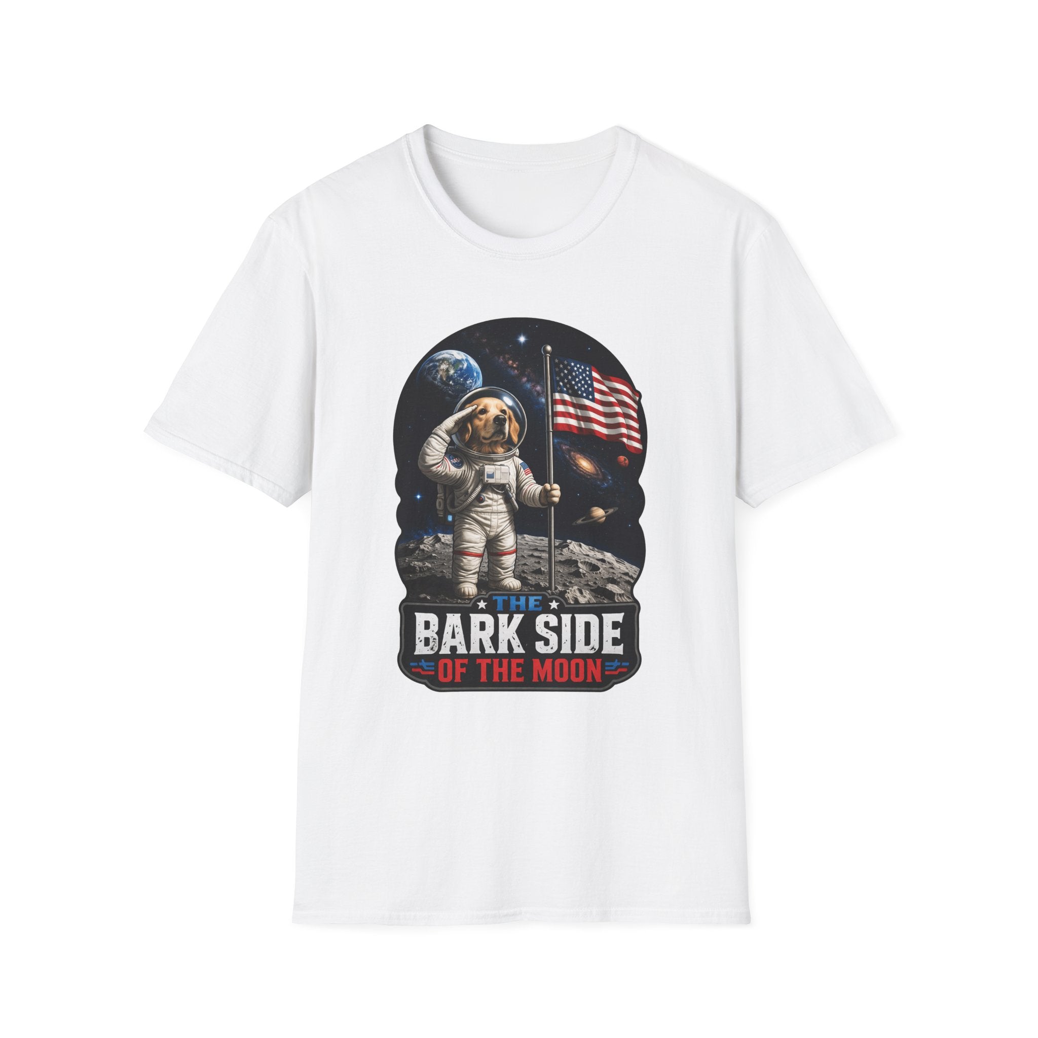 The Bark Side of the Moon Funny Astronaut Golden Retriever Flag T-Shirt | Cosmic Encounters Collection by PetPulse