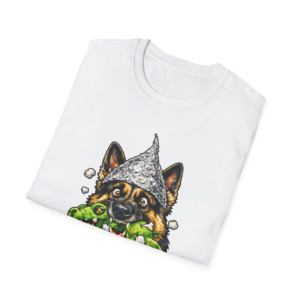 The Squeaker Was Inside Funny Conspiracy German Shepherd T-Shirt | Pet-Spiracy Theorist Collection by PetPulse