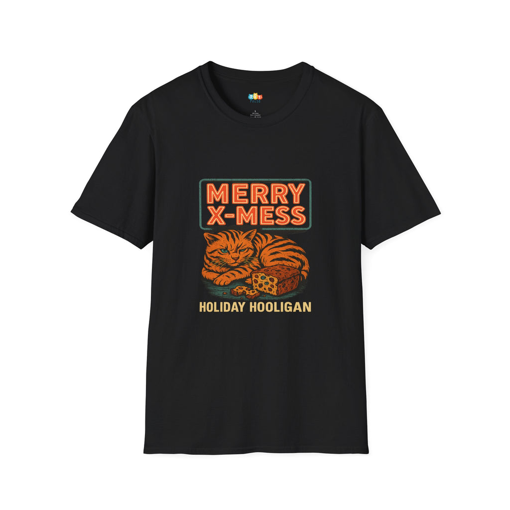 Merry X-Mess Holiday Hooligan Christmas T-Shirt - Funny Feral Cat Fruitcake Chaos Vintage Xmas Tee