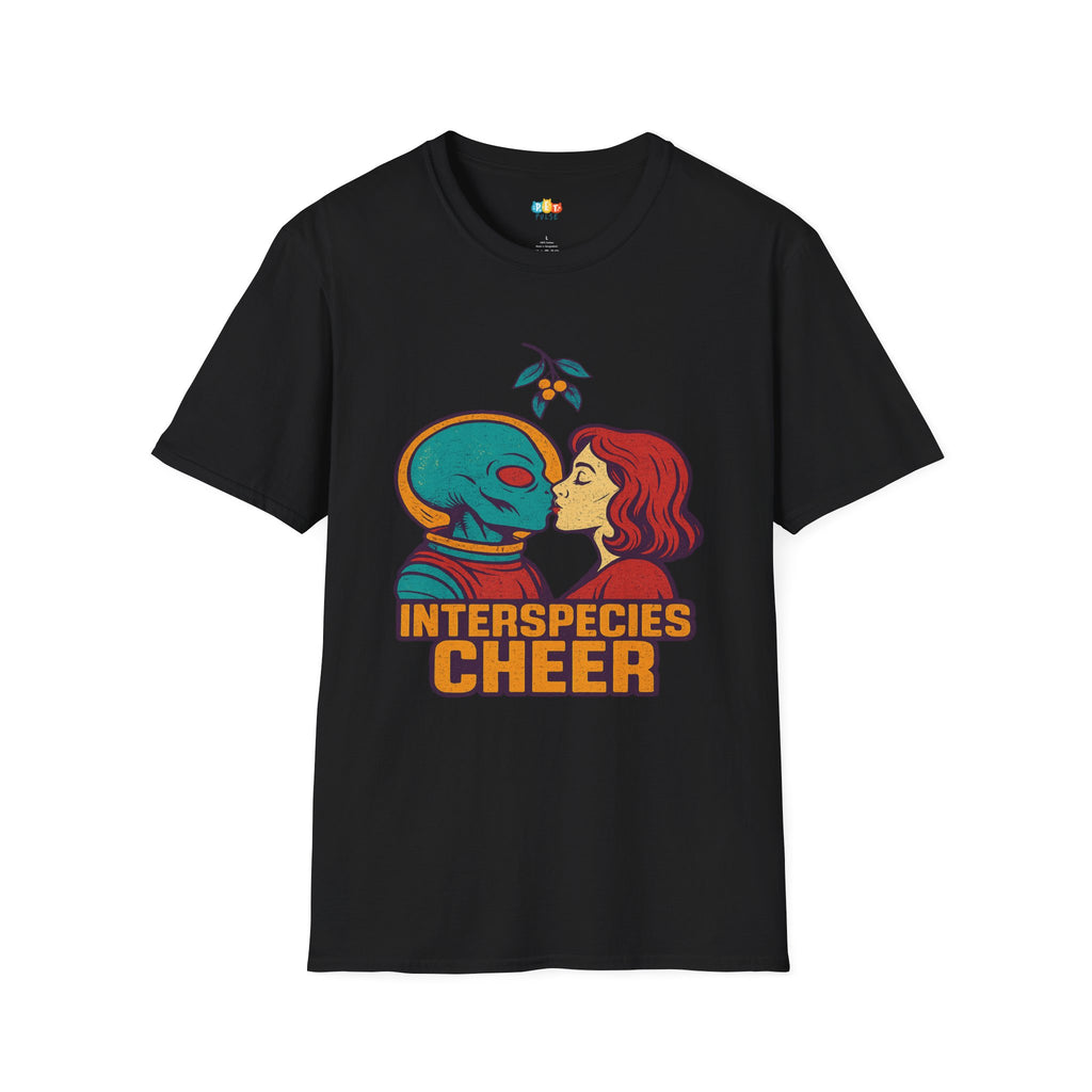 Interspecies Cheer Alien Holiday T-Shirt - Funny Christmas Mistletoe Kiss Romantic UFO Space Love Tee