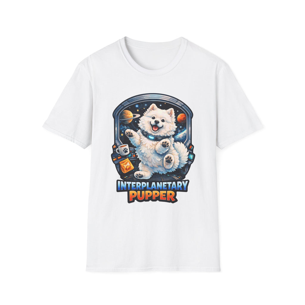 Interplanetary Pupper Funny Samoyed Zero Gravity Space T-Shirt | Cosmic Encounters Collection by PetPulse