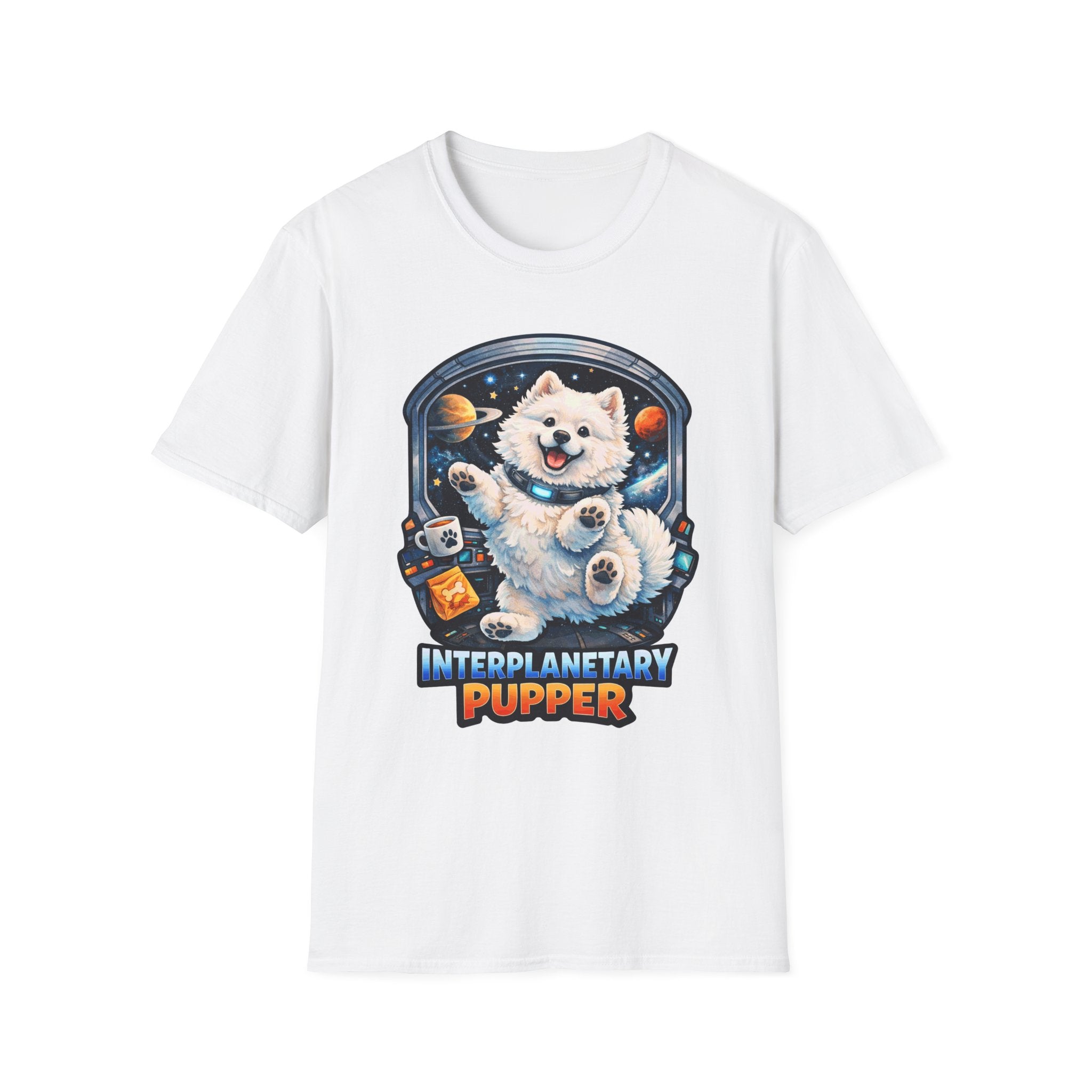Interplanetary Pupper Funny Samoyed Zero Gravity Space T-Shirt | Cosmic Encounters Collection by PetPulse