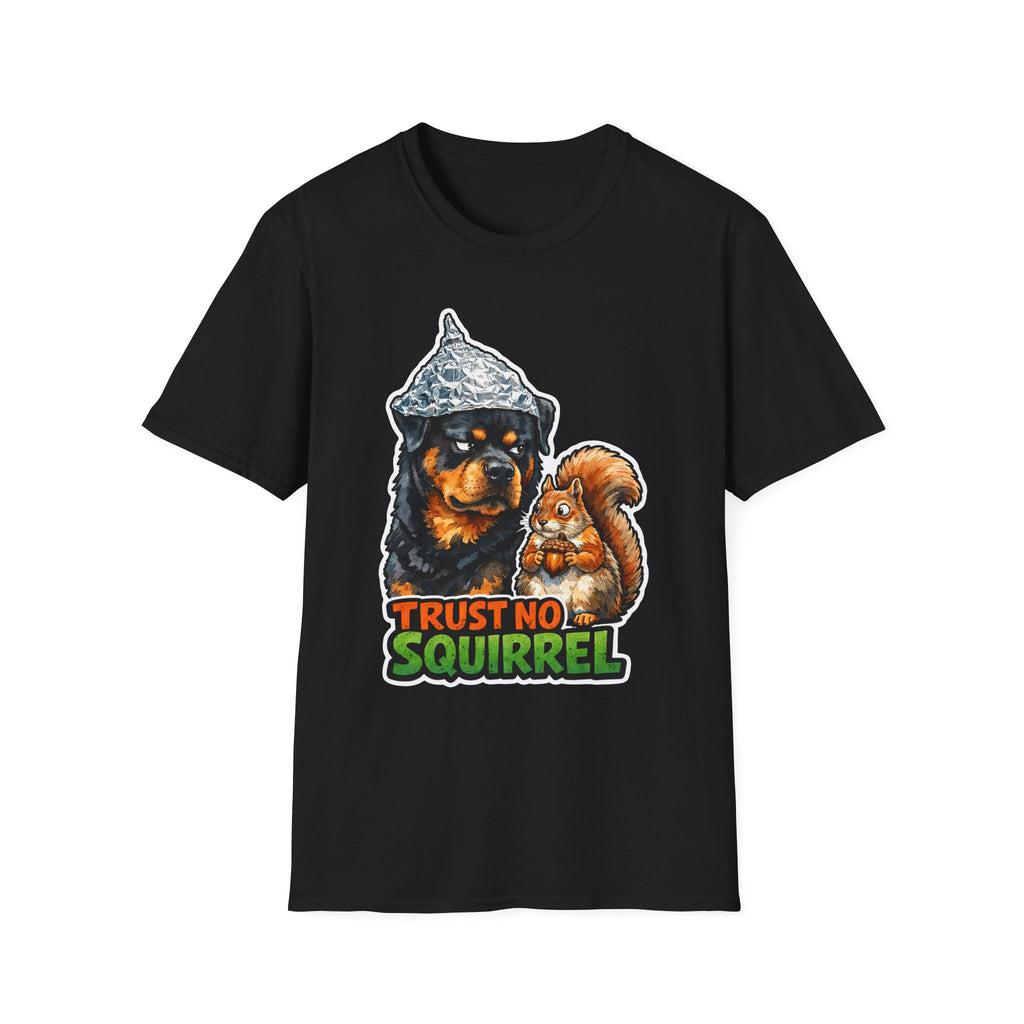 Trust No Squirrel Funny Conspiracy Rottweiler T-Shirt | Pet-Spiracy Theorist Collection by PetPulse