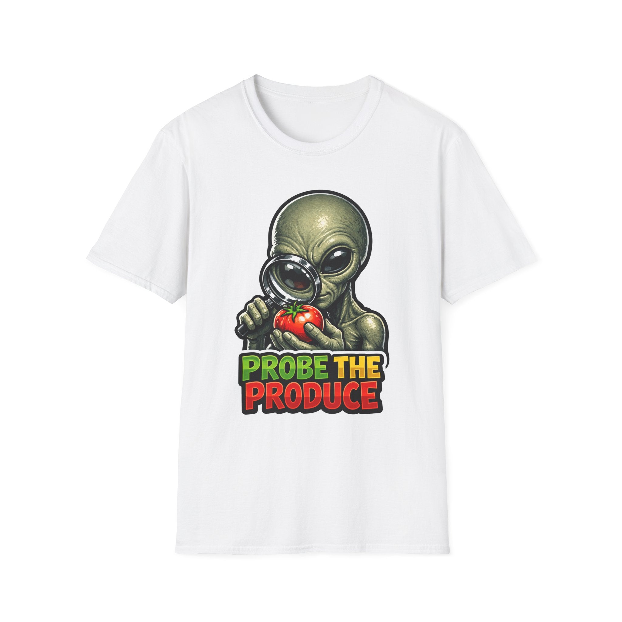 Probe the Produce Funny Alien Inspecting Tomato T-Shirt | Cosmic Encounters Collection by PetPulse