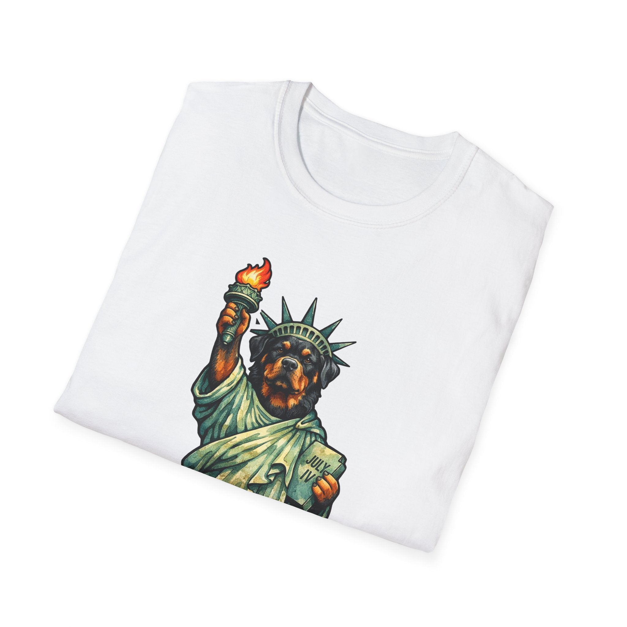 The Republic's Rottweiler Funny Rottweiler Statue of Liberty T-Shirt | Lady Liberty Pups Collection by PetPulse