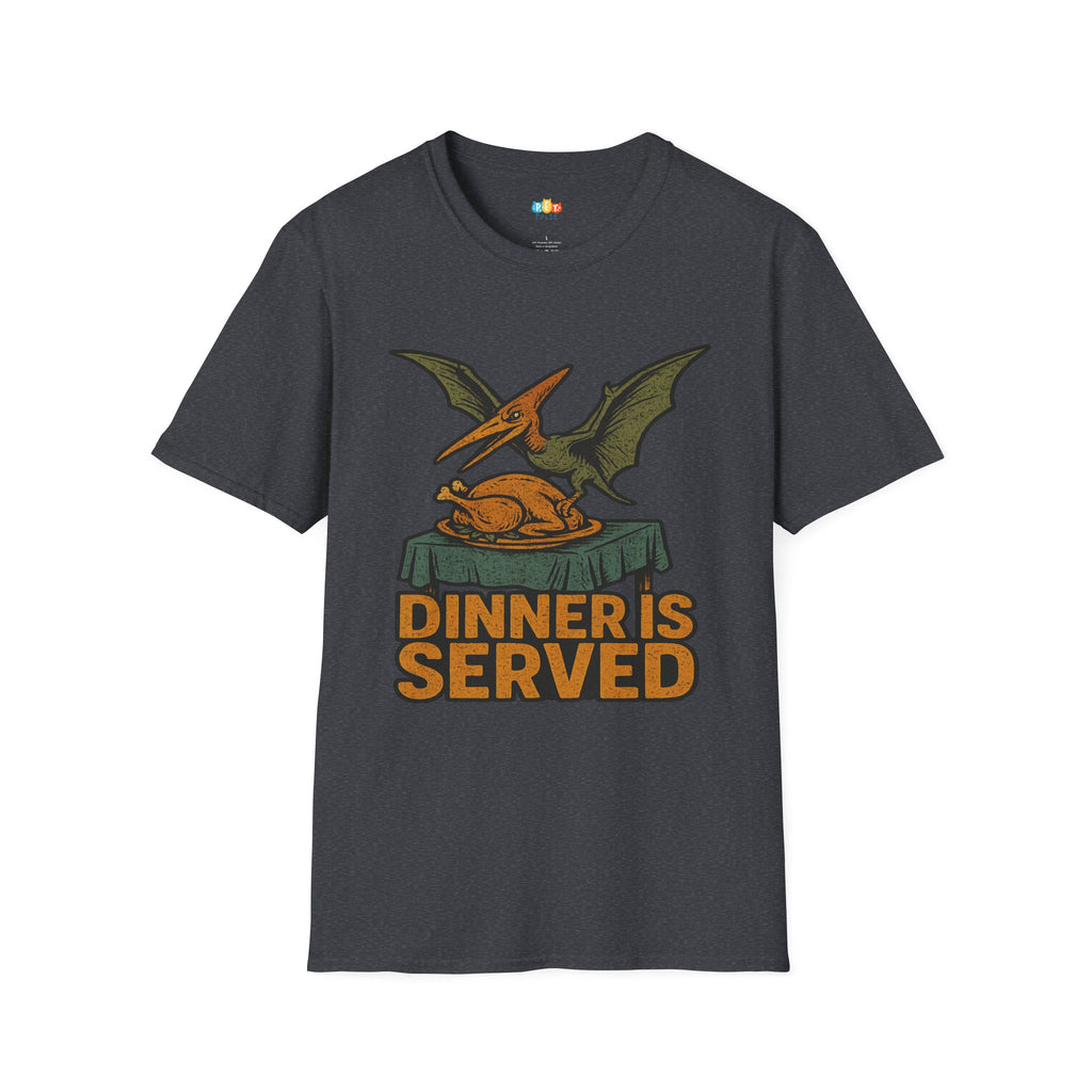 Dinner Is Served Pterodactyl Thanksgiving T-Shirt - Funny Flying Dinosaur Turkey Day Prehistoric Holiday Feast Tee