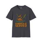Dinner Is Served Pterodactyl Thanksgiving T-Shirt - Funny Flying Dinosaur Turkey Day Prehistoric Holiday Feast Tee