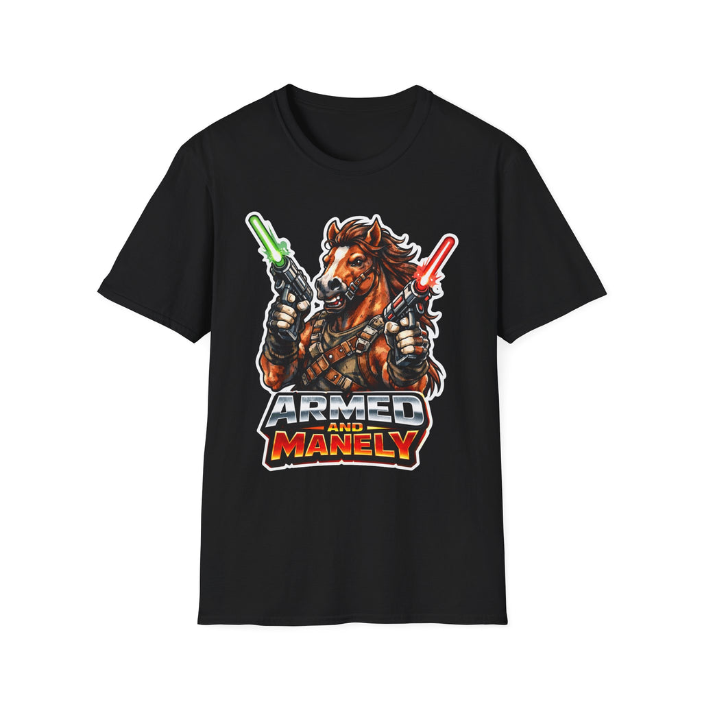 Armed and Manely Action Hero Horse T-Shirt | Dual Laser Pistol Space Bounty Hunter Horse Graphic Tee | Mane Event Collection by PetPulse