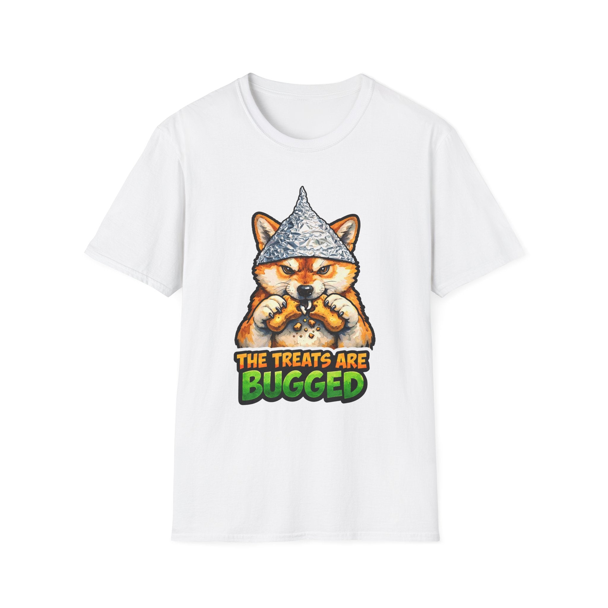 The Treats Are Bugged Funny Conspiracy Shiba Inu T-Shirt | Pet-Spiracy Theorist Collection by PetPulse