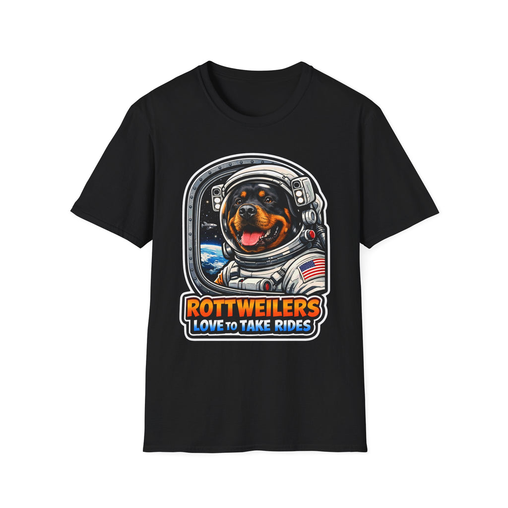 Rottweilers Love to Take Rides Funny Astronaut Rottweiler T-Shirt | Cosmic Encounters Collection by PetPulse
