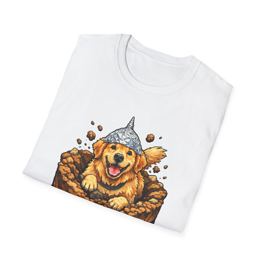 It Goes Deeper Funny Conspiracy Golden Retriever Digging T-Shirt | Pet-Spiracy Theorist Collection by PetPulse