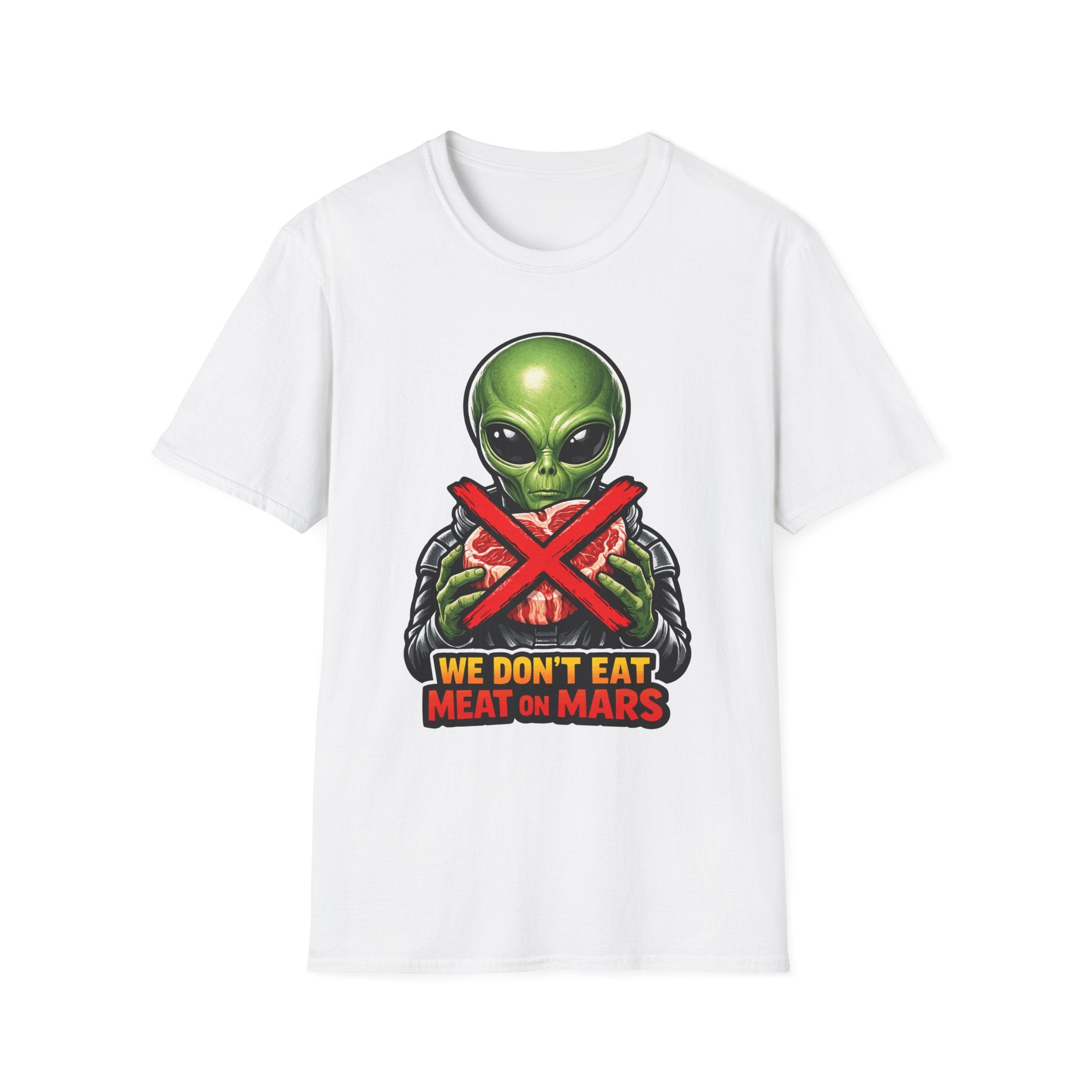 We Don't Eat Meat on Mars Funny Vegan Alien T-Shirt | Cosmic Encounters Collection by PetPulse