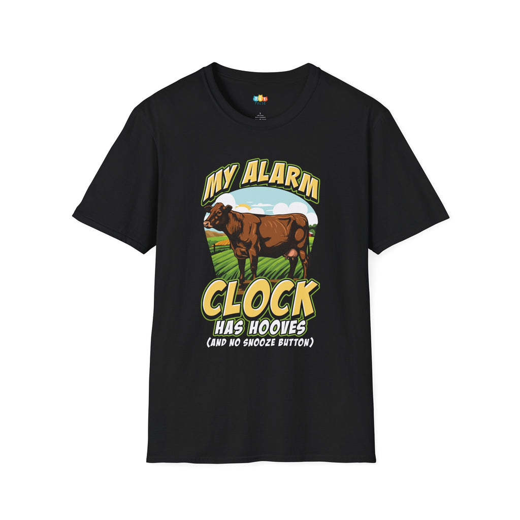 My Alarm Clock Has Hooves T-Shirt - Funny Farm Life Rural Country Living Dairy Cow Farmer Graphic Tee