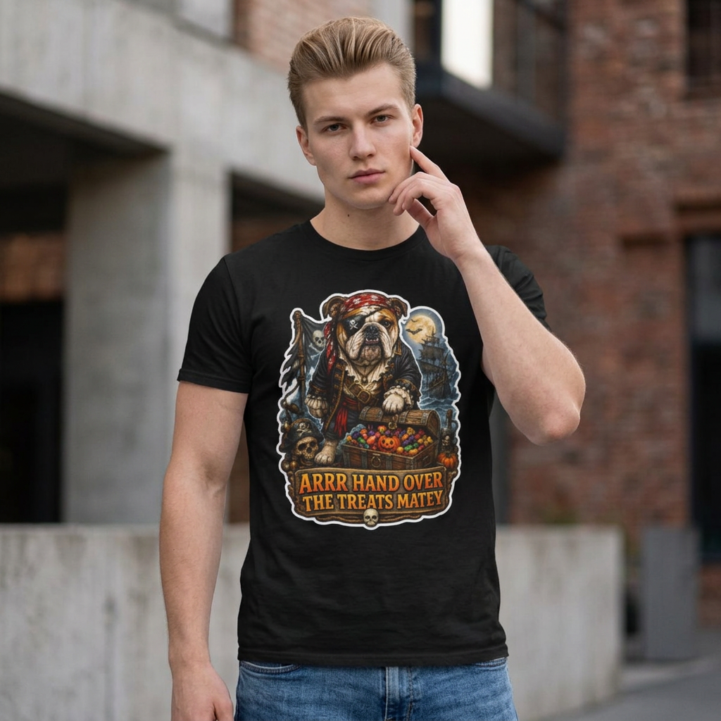 Arrr Hand Over the Treats Matey Pirate Bulldog T-Shirt | Halloween Pet T-Shirts Collection by PetPulse