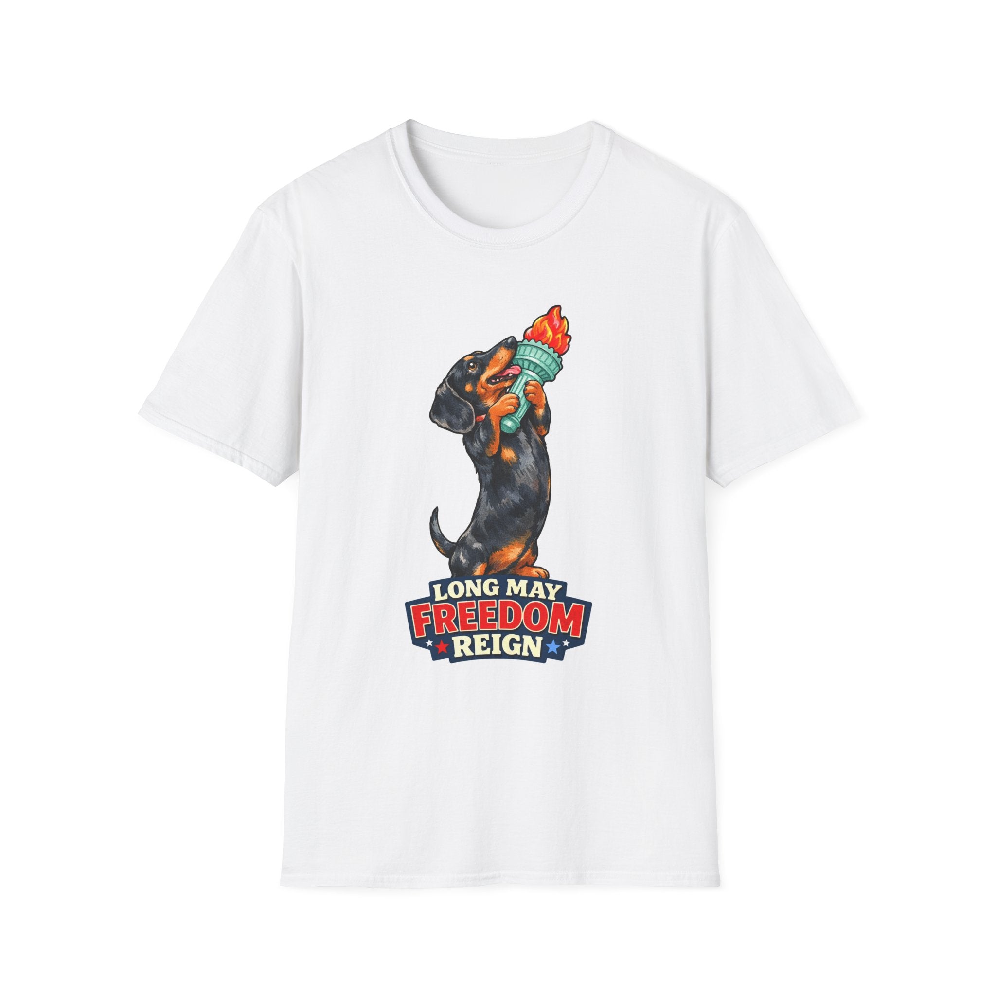Long May Freedom Reign Funny Dachshund Statue of Liberty Torch T-Shirt | Lady Liberty Pups Collection by PetPulse