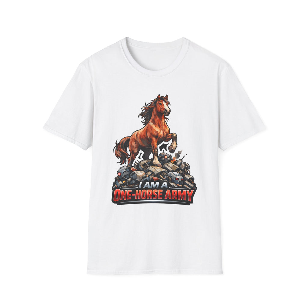 I Am a One-Horse Army Action Hero Horse T-Shirt | Robot Wreckage Victorious Horse Graphic Tee | Mane Event Collection by PetPulse