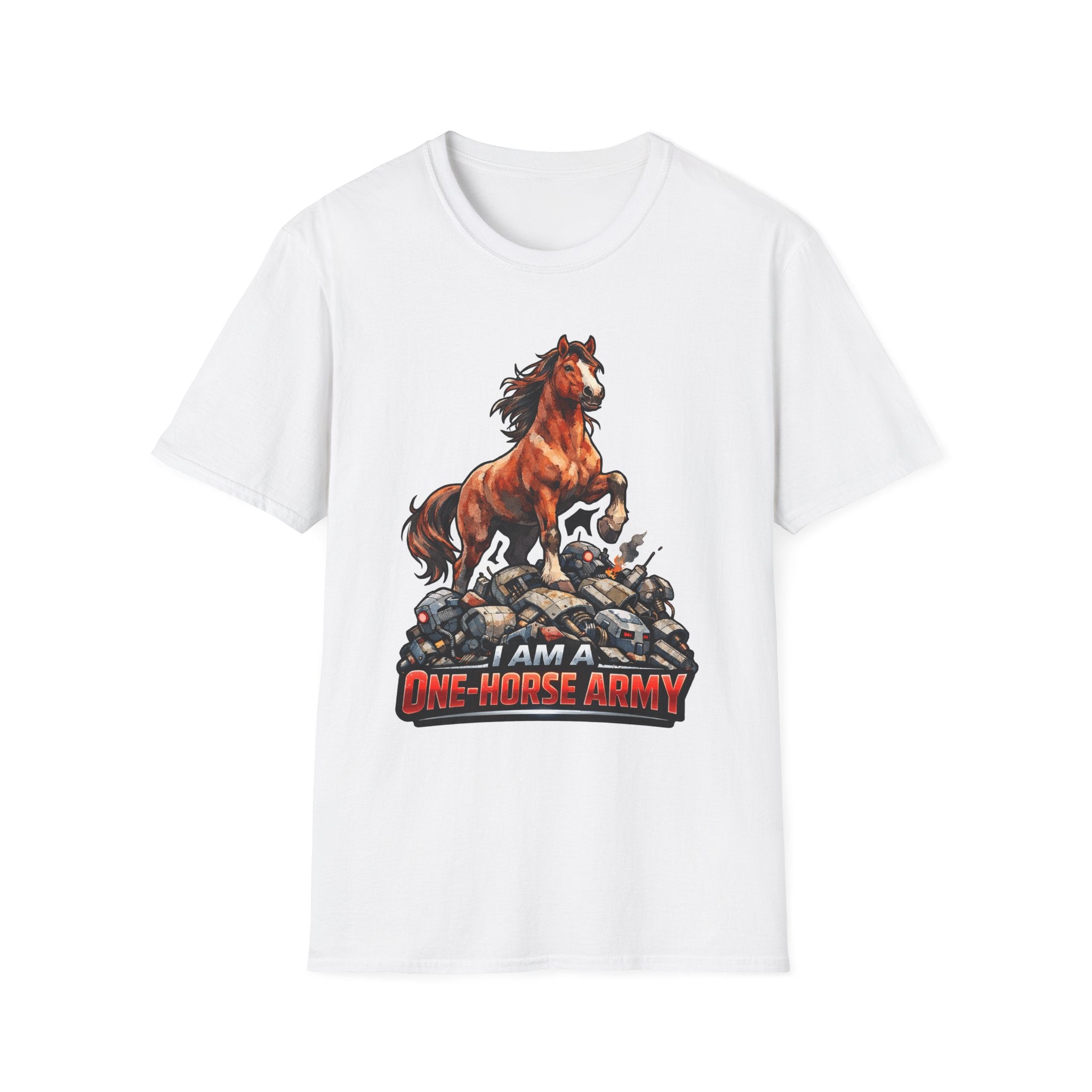 I Am a One-Horse Army Action Hero Horse T-Shirt | Robot Wreckage Victorious Horse Graphic Tee | Mane Event Collection by PetPulse