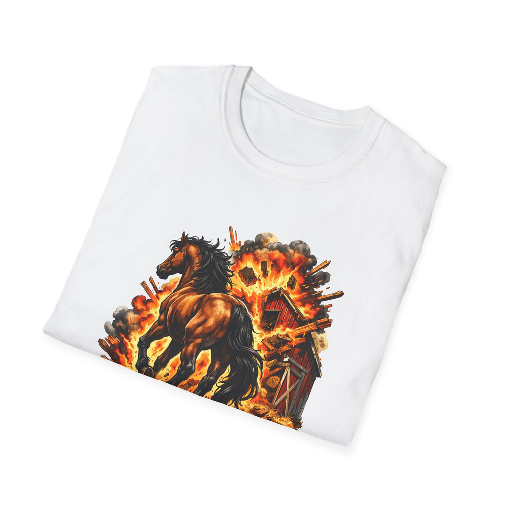 Hay Is For Closers Action Hero Horse T-Shirt | Exploding Barn Walk-Away Horse Graphic Tee | Mane Event Collection by PetPulse