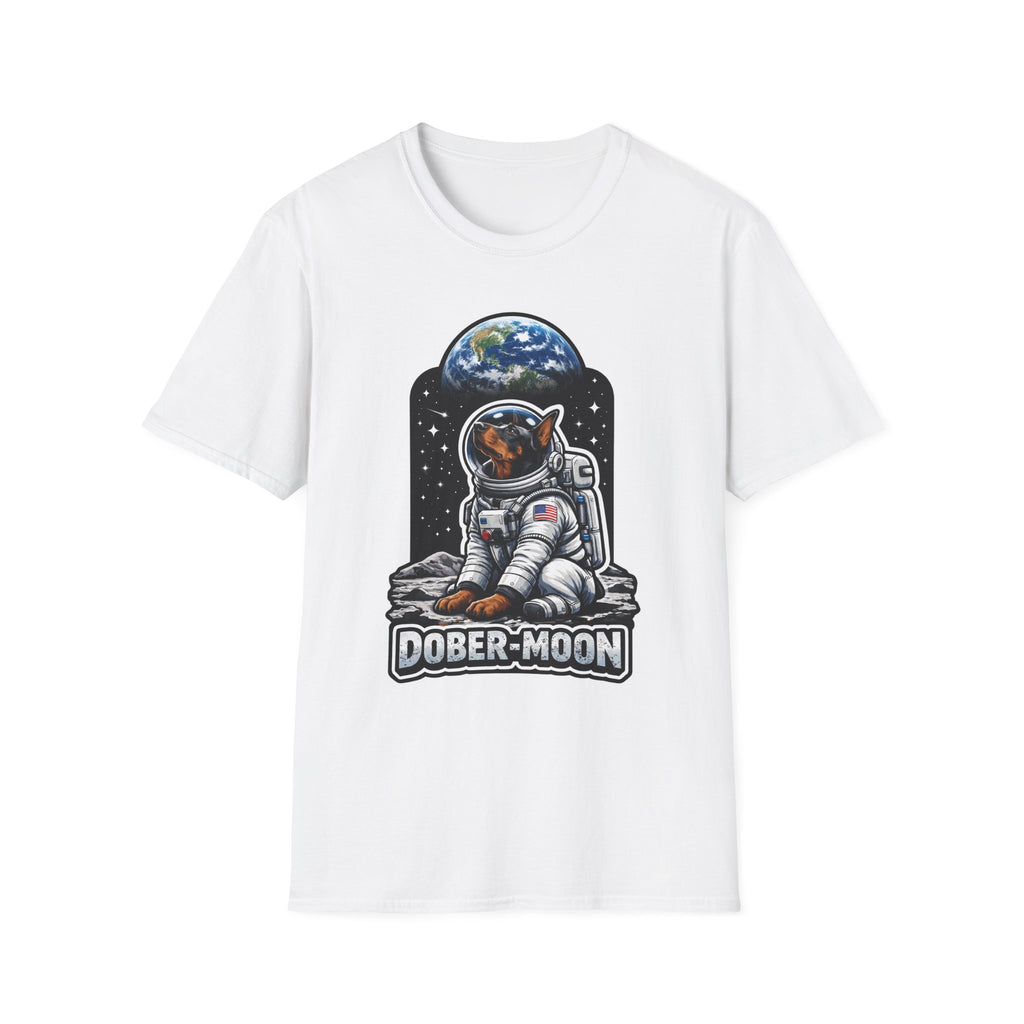 Dober-Moon Funny Doberman Pinscher on the Moon T-Shirt | Cosmic Encounters Collection by PetPulse
