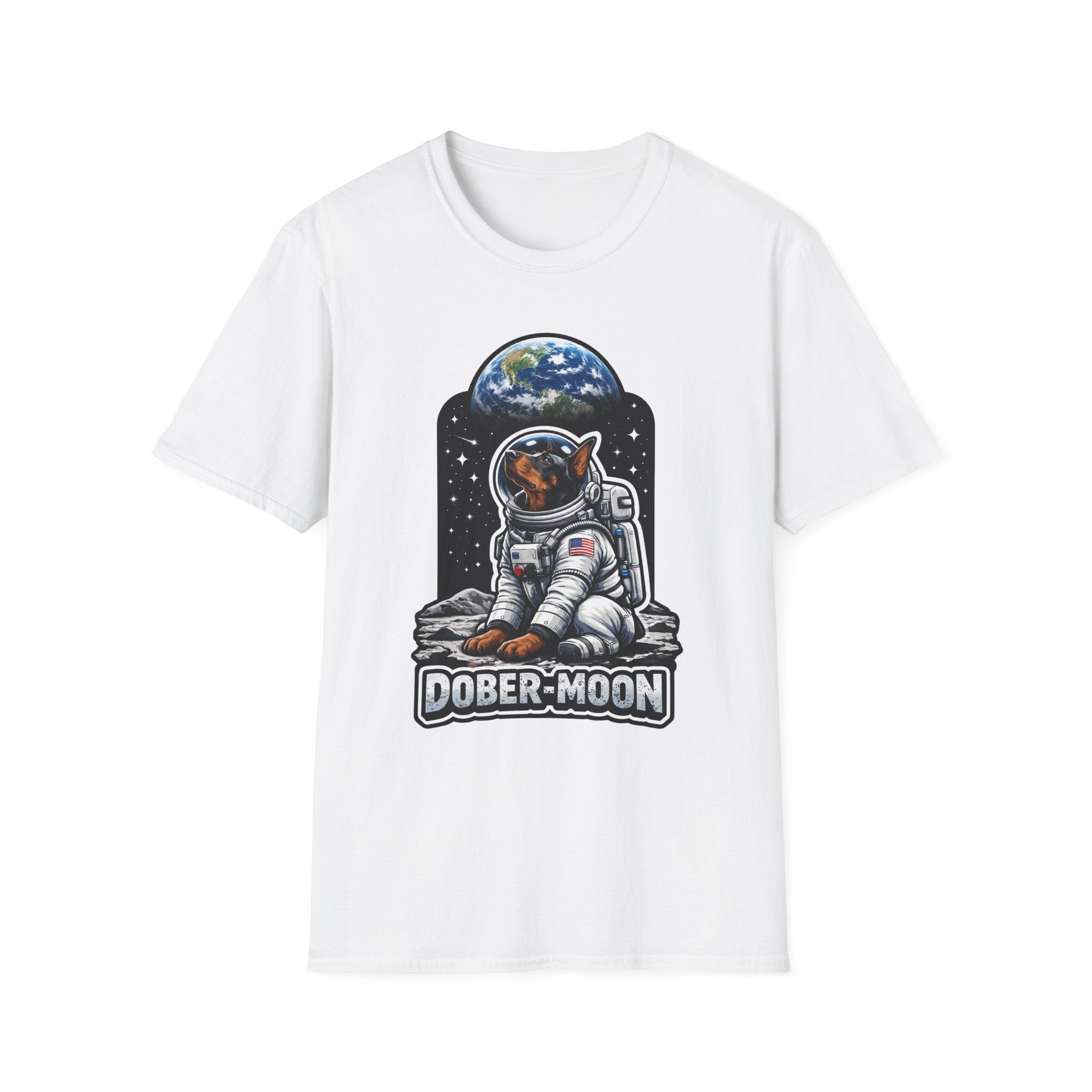 Dober-Moon Funny Doberman Pinscher on the Moon T-Shirt | Cosmic Encounters Collection by PetPulse