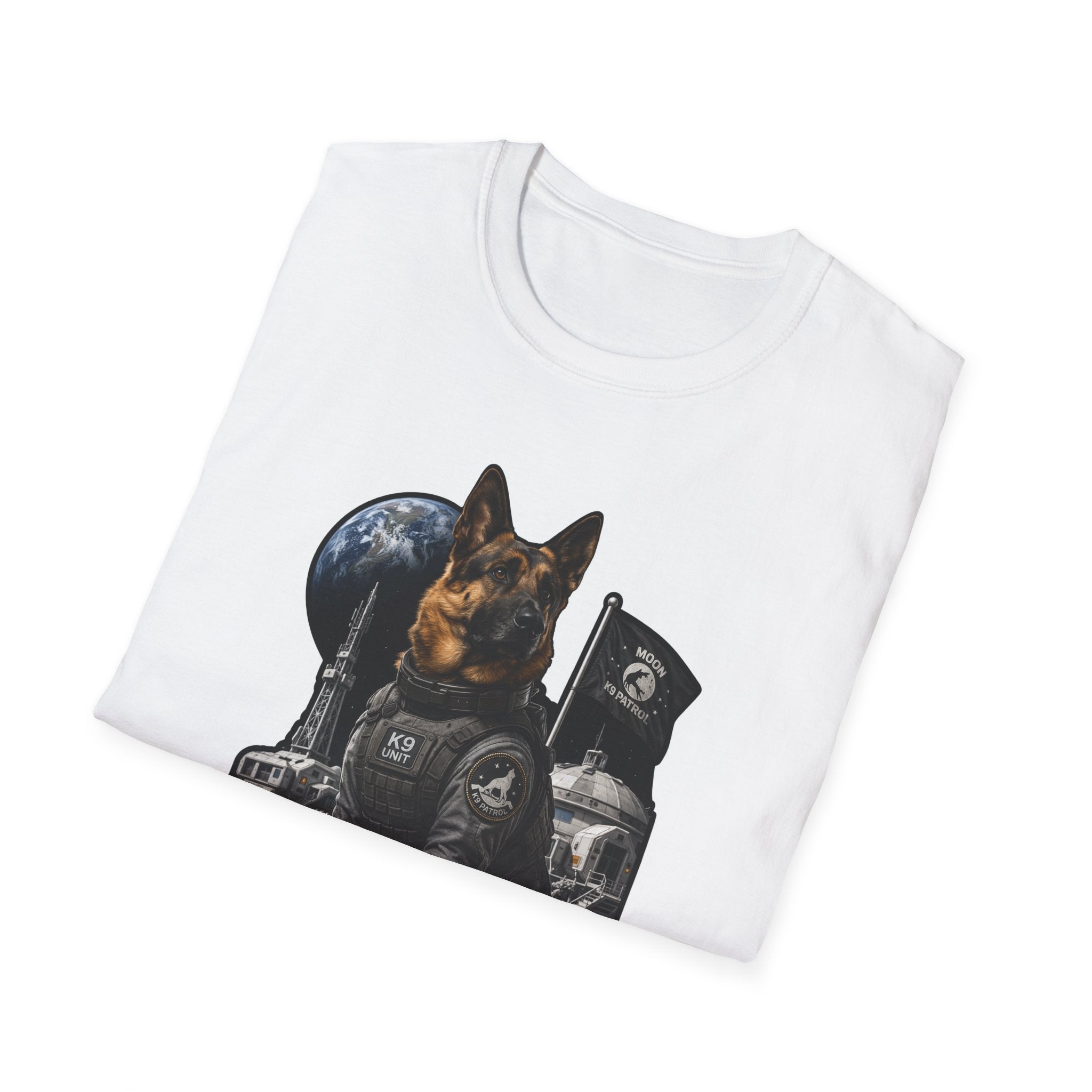 Moon K9 Patrol Funny German Shepherd Space Military T-Shirt | Cosmic Encounters Collection by PetPulse