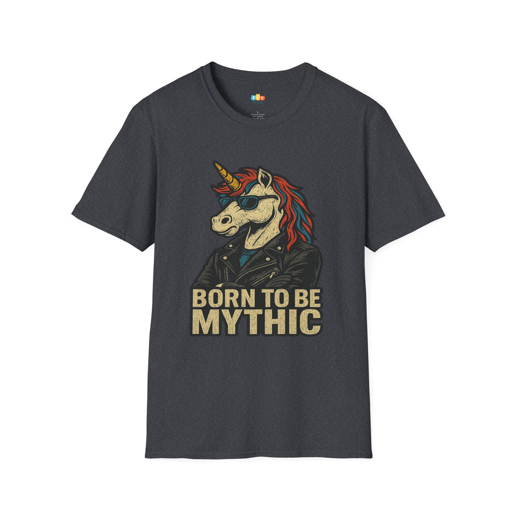 Born to Be Mythic Unicorn T-Shirt - Funny Cool Leather Jacket Biker Fantasy Magic Rebel Graphic Tee