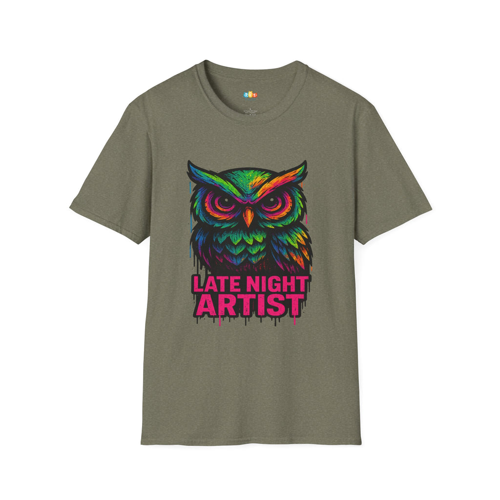 Late Night Artist Owl T-Shirt - Funny Rainbow Paint Splatter Creative Night Owl Graffiti Art Graphic Tee