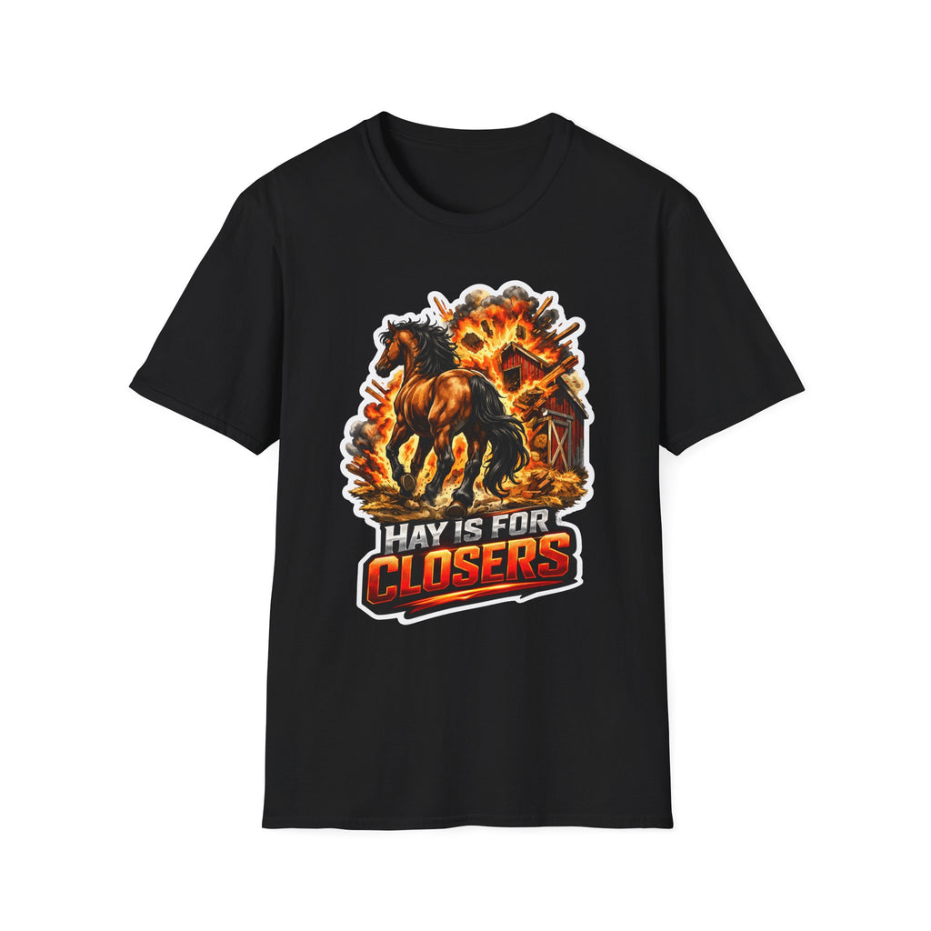 Hay Is For Closers Action Hero Horse T-Shirt | Exploding Barn Walk-Away Horse Graphic Tee | Mane Event Collection by PetPulse