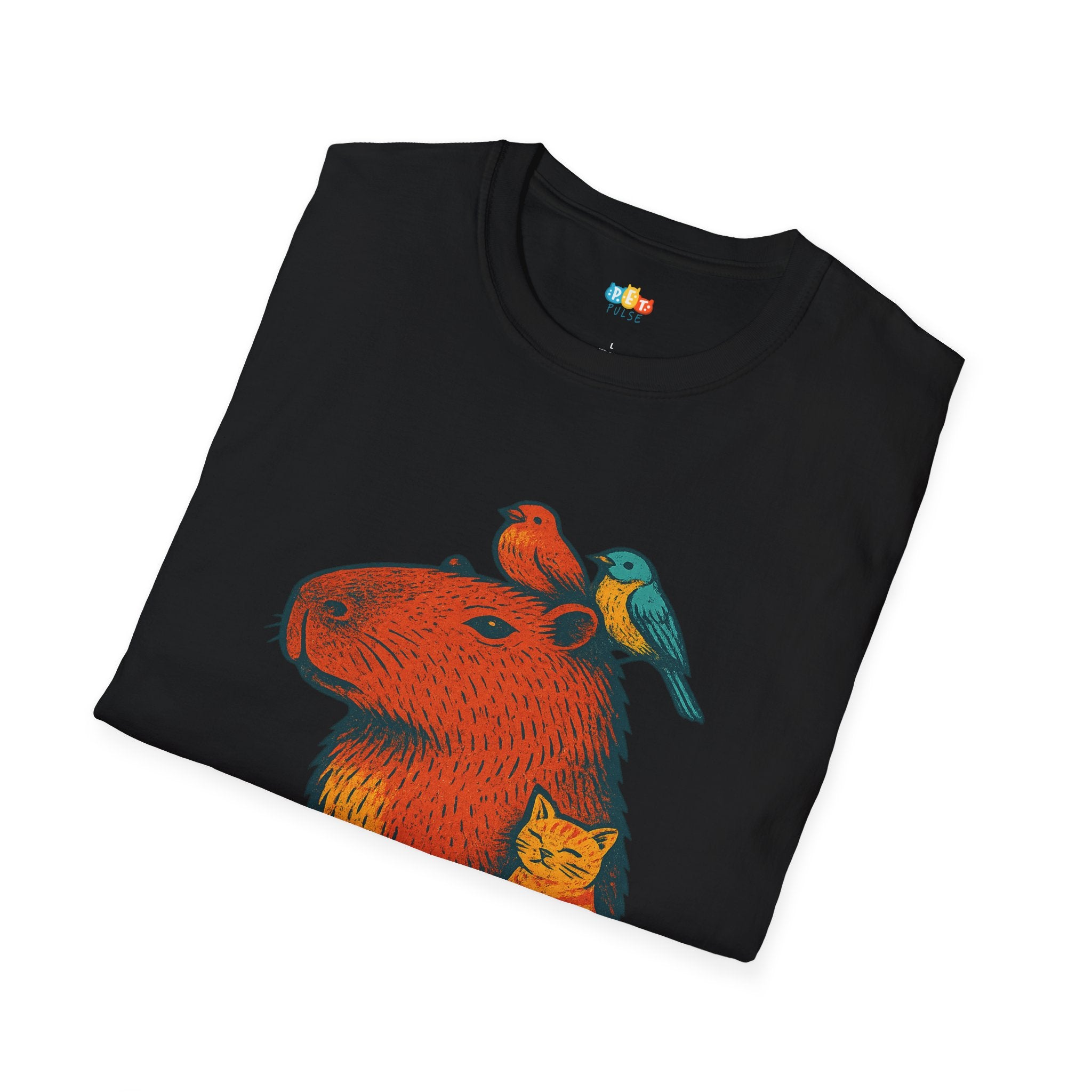 Unbothered Capybara With Cat And Birds T-Shirt - Funny Chill Animal Friendship Zen Vibes Graphic Tee