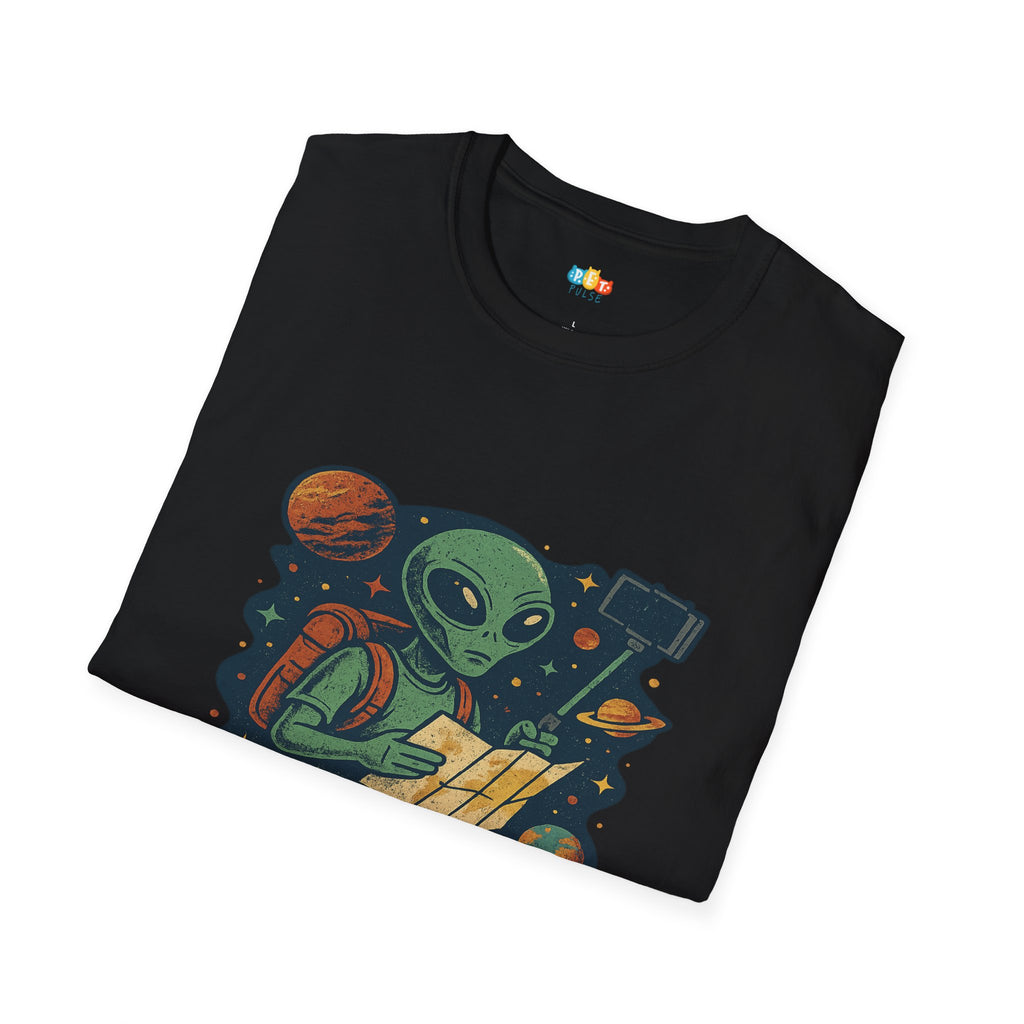 Intergalactic Tourist Alien Space Travel T-Shirt - Funny UFO Backpacker Galaxy Vacation Extraterrestrial Adventure Tee