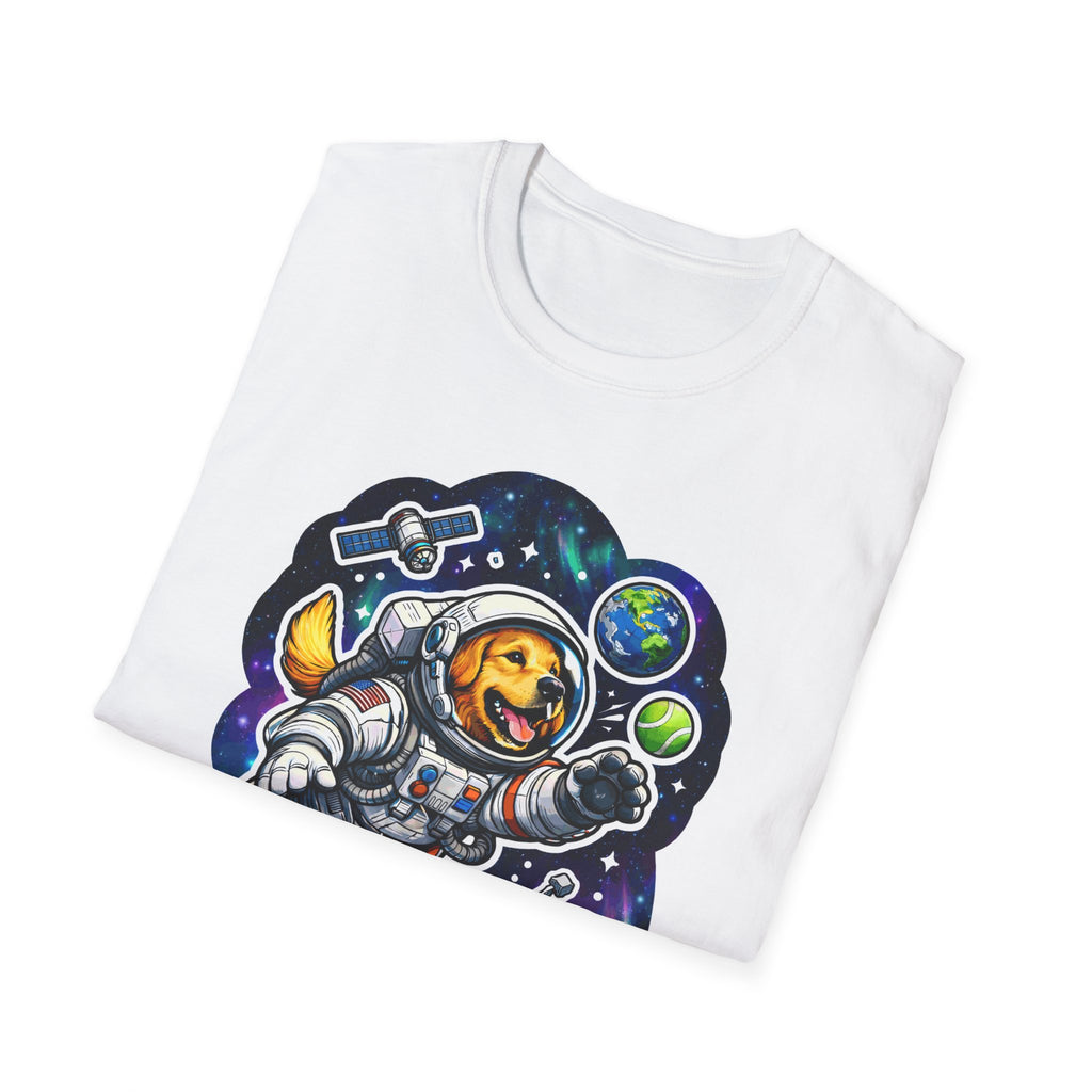 First Retriever in Orbit Funny Astronaut Golden Retriever T-Shirt | Cosmic Encounters Collection by PetPulse