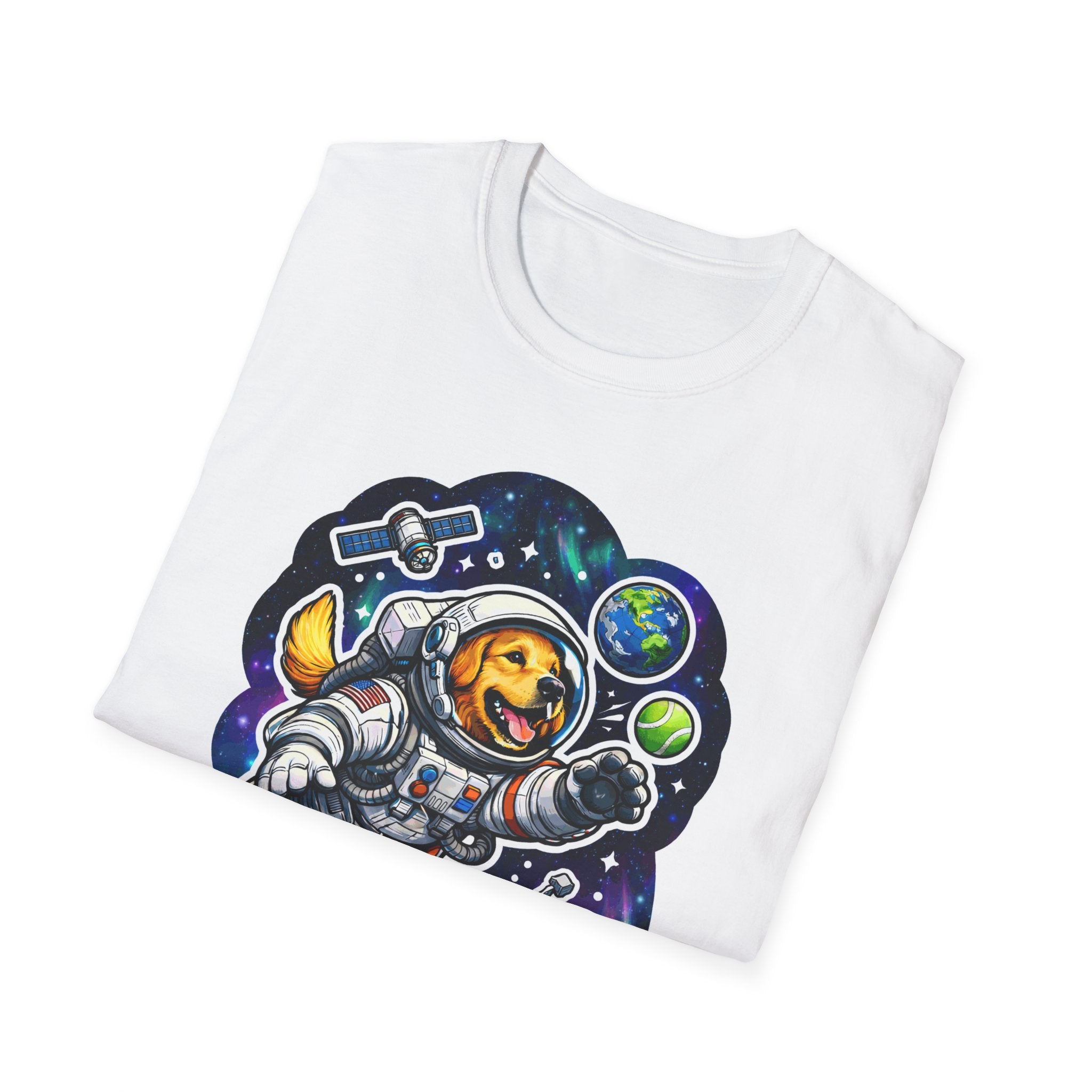 First Retriever in Orbit Funny Astronaut Golden Retriever T-Shirt | Cosmic Encounters Collection by PetPulse
