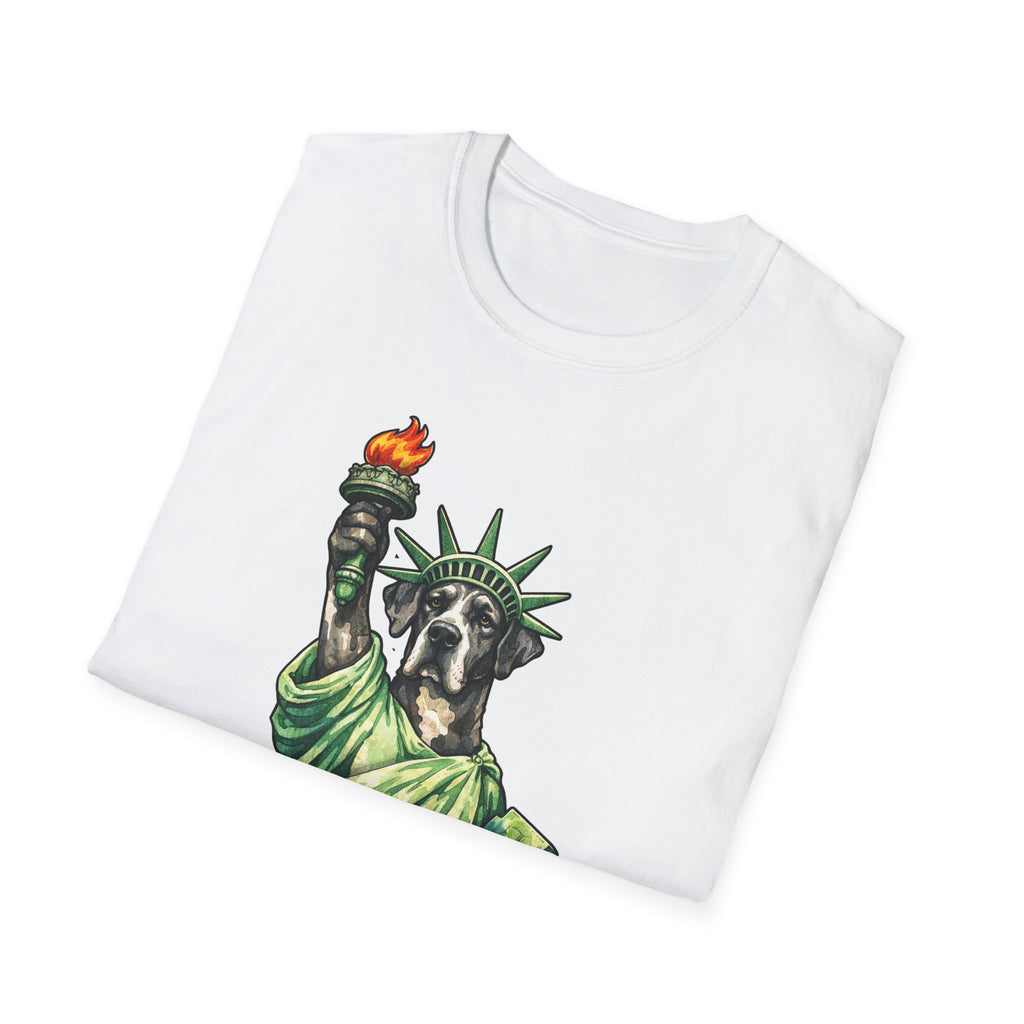 Monumental Devotion Funny Great Dane Statue of Liberty T-Shirt | Lady Liberty Pups Collection by PetPulse