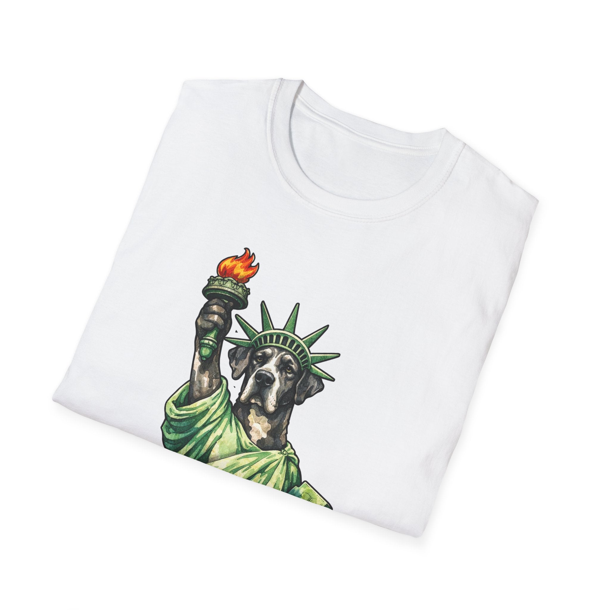 Monumental Devotion Funny Great Dane Statue of Liberty T-Shirt | Lady Liberty Pups Collection by PetPulse
