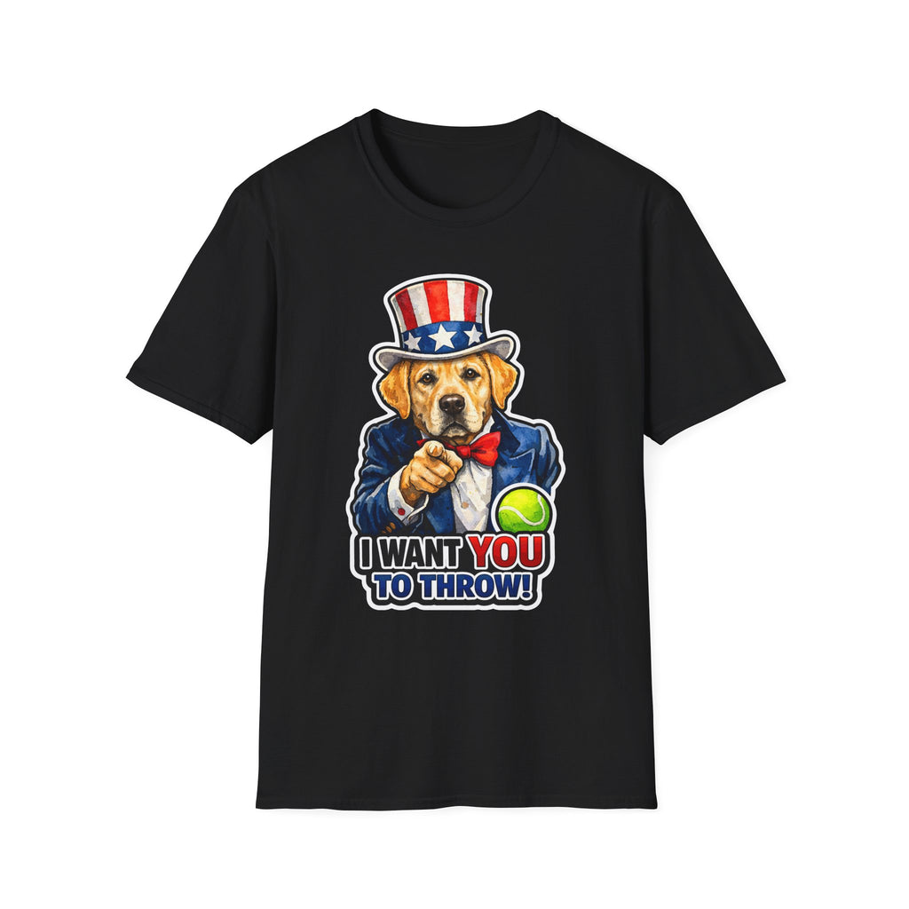 I Want You to Throw Funny Uncle Sam Yellow Labrador T-Shirt | Patriotic Lab Retriever Tennis Ball Graphic Tee | Uncle Sam Pups