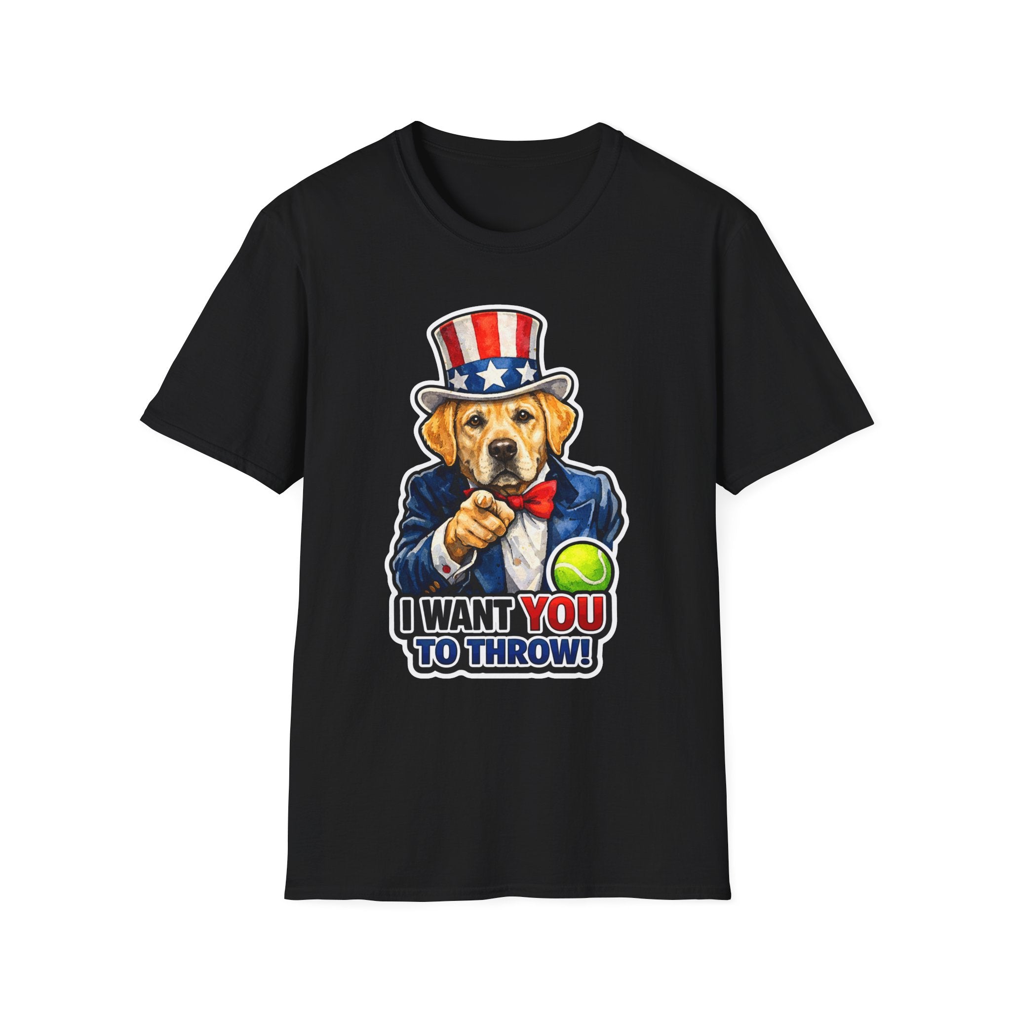 I Want You to Throw Funny Uncle Sam Yellow Labrador T-Shirt | Patriotic Lab Retriever Tennis Ball Graphic Tee | Uncle Sam Pups