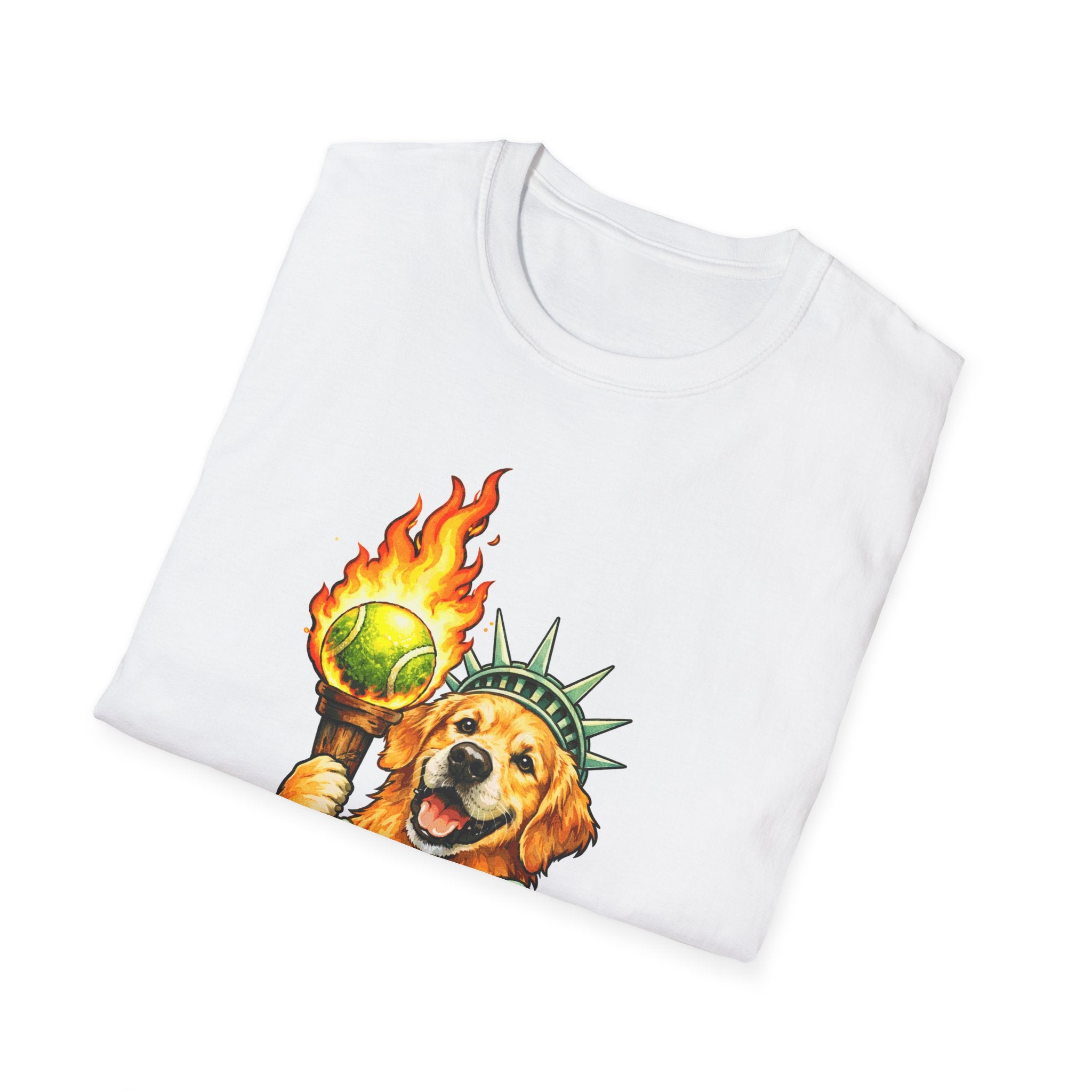Land of the Golden Funny Golden Retriever Statue of Liberty T-Shirt | Lady Liberty Pups Collection by PetPulse