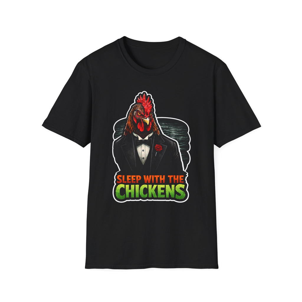 Sleep With The Chickens Funny Dark Humor Chicken T-Shirt | Tuxedo Rooster Waterfront Graphic Tee for Chicken Owners | PetPulse