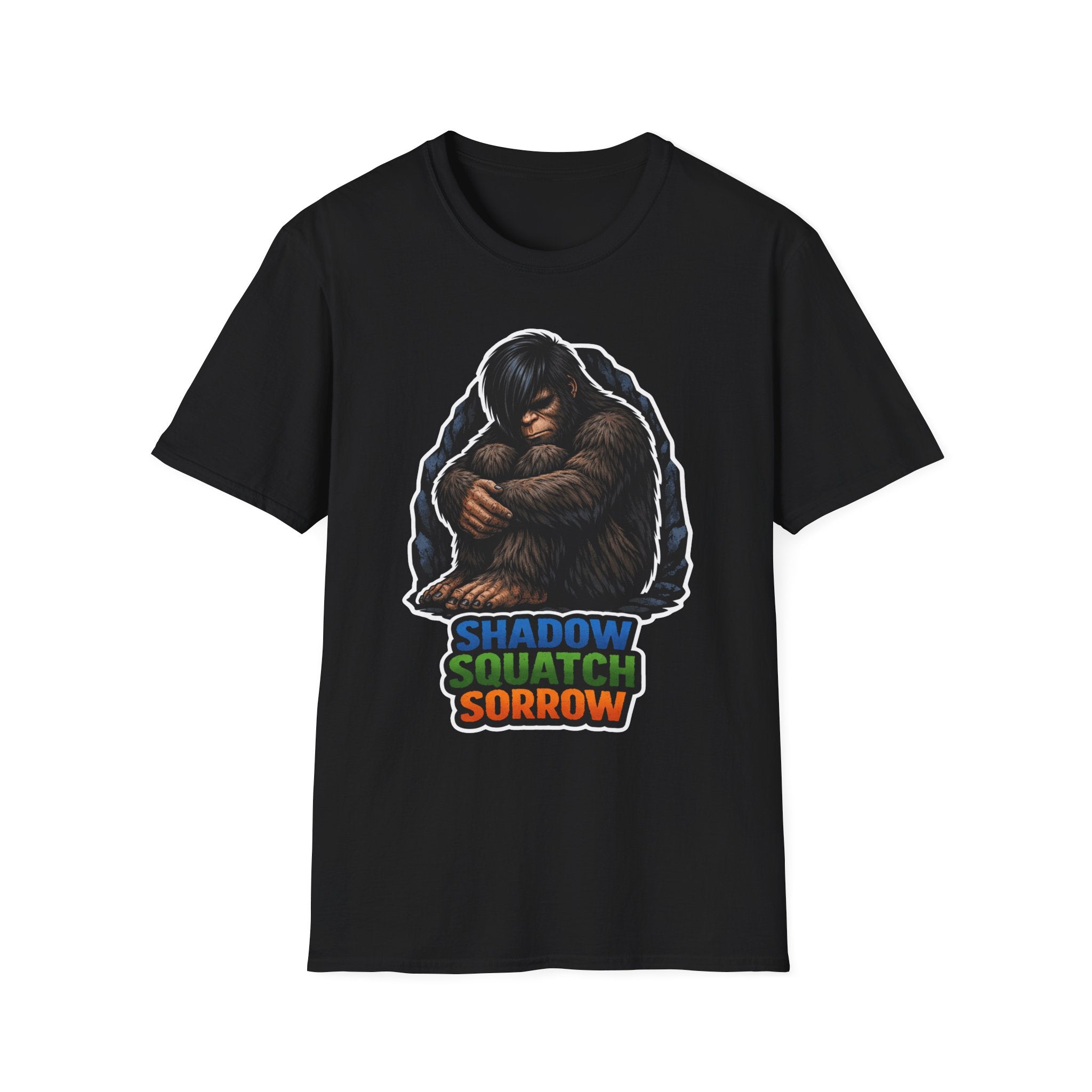 Shadow Squatch Sorrow Emo Bigfoot T-Shirt - Self-Hug Sasquatch Cave Tee for Dark Humor Cryptid Fans